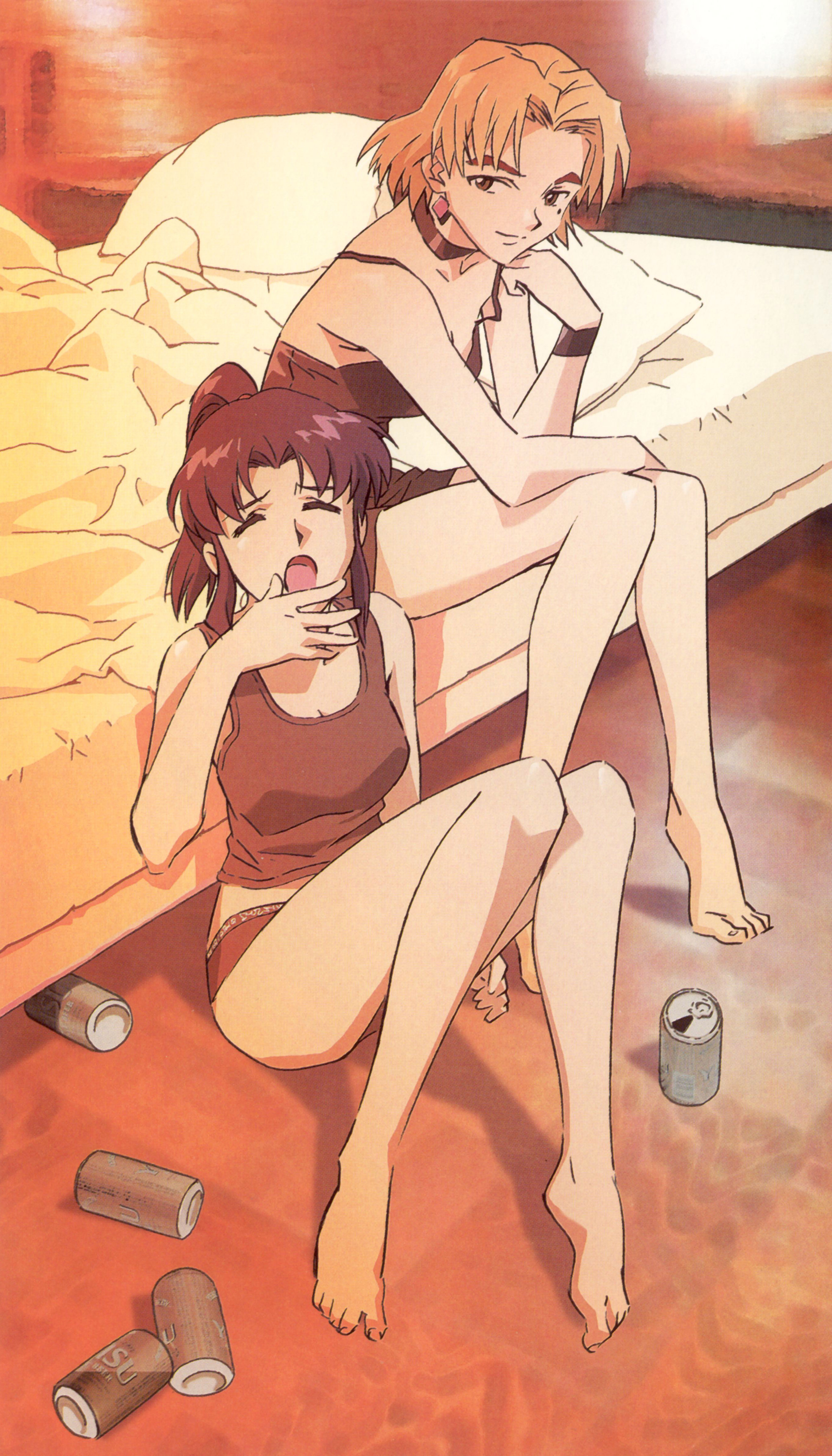 tsurumaki kazuya, akagi ritsuko, katsuragi misato, neon genesis evangelion, yebisu, roommates, absurdres, highres, scan, 2girls, alcohol, barefoot, bed, beer, blonde hair, can, earrings, feet, jewelry, lingerie, long legs, mole, mole under eye, multiple girls, panties, ponytail, purple hair, short hair, sleepy, underwear, yawning, yuri