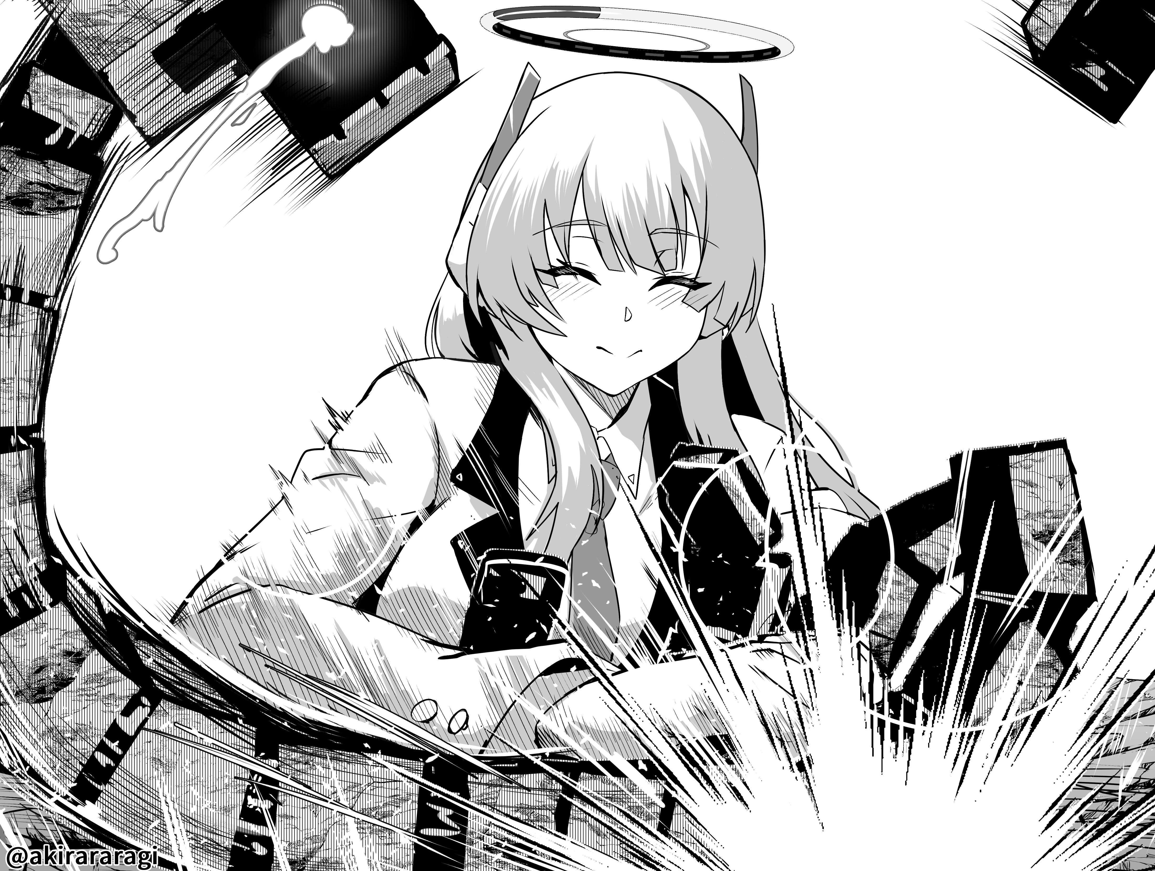 a-kiraa (whisper), noa (blue archive), blue archive, absurdres, commentary request, highres, 1girl, blush, breasts, closed eyes, closed mouth, collared shirt, crying, crying with eyes open, explosion, greyscale, halo, headgear, jacket, long hair, long sleeves, mechanical halo, monochrome, motion lines, necktie, shirt, smile, tears, twitter username, upper body, yesod (blue archive)