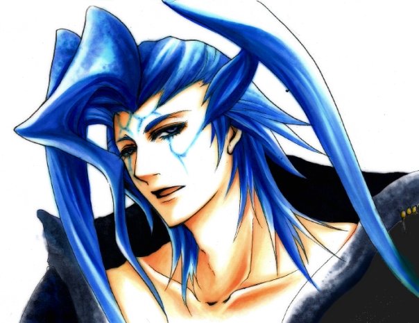 seymour guado, final fantasy, final fantasy x, 00s, 1boy, blue hair, collarbone, facial mark, male focus, open mouth, simple background, solo