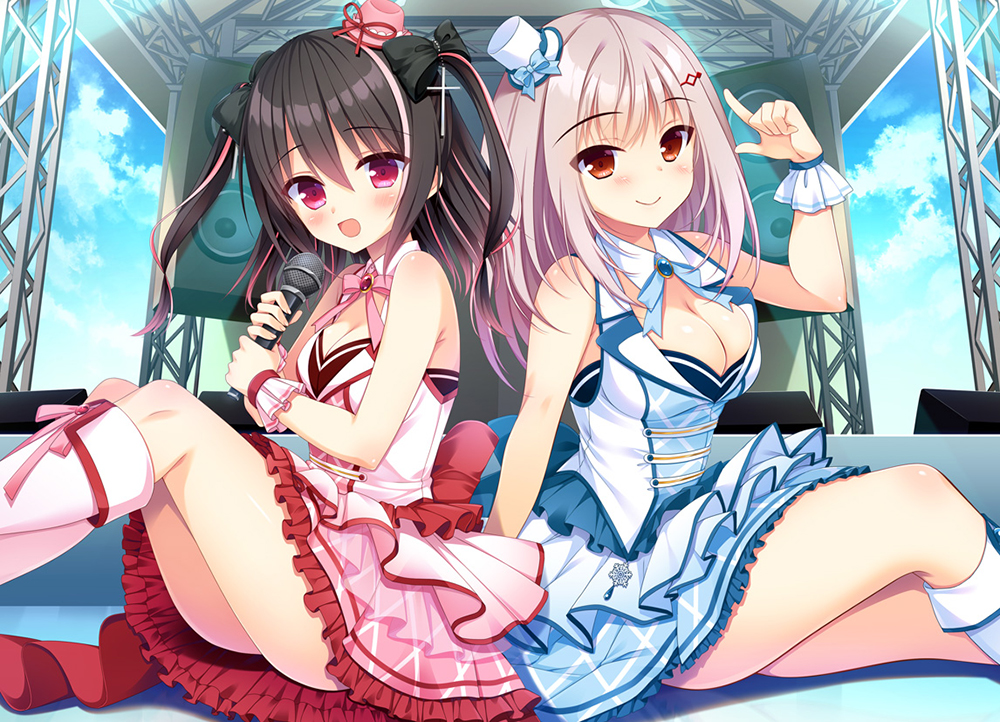 fuyuichi monme, yuuki rika, adachi chii, otome kokoro, koibana ren'ai, official art, 2girls, :d, back-to-back, back bow, bare arms, black bow, black hair, blue bow, blue bowtie, blue skirt, blush, boots, bow, bowtie, breasts, cleavage, cleavage cutout, closed mouth, clothing cutout, collared shirt, cross hair ornament, day, eyes visible through hair, feet out of frame, frilled skirt, frilled wrist cuffs, frills, hair between eyes, hair bow, hair ornament, hairclip, hands up, happy, hat, hat bow, hat ribbon, holding, holding microphone, idol, idol clothes, index finger raised, knees up, large breasts, long hair, looking at viewer, medium breasts, microphone, mini hat, multicolored hair, multiple girls, open mouth, outdoors, pink bow, pink bowtie, pink hair, pink shirt, pink skirt, plaid clothes, plaid skirt, red bow, red eyes, red ribbon, ribbon, shirt, sitting, skirt, sleeveless, sleeveless shirt, smile, stage, straight hair, streaked hair, thighs, top hat, two-tone hair, two side up, white boots, white shirt, wrist cuffs