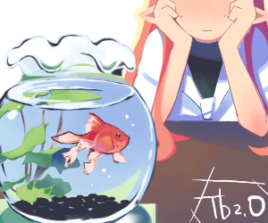 asami natsuhito, original, archived source, lowres, 1girl, artist name, black shirt, closed mouth, fish, fishbowl, goldfish, head rest, leaf, light smile, long hair, no eyes, no lineart, no nose, orange hair, pointy ears, rock, shirt, shirt under shirt, sign, simple background, table, white background, white shirt