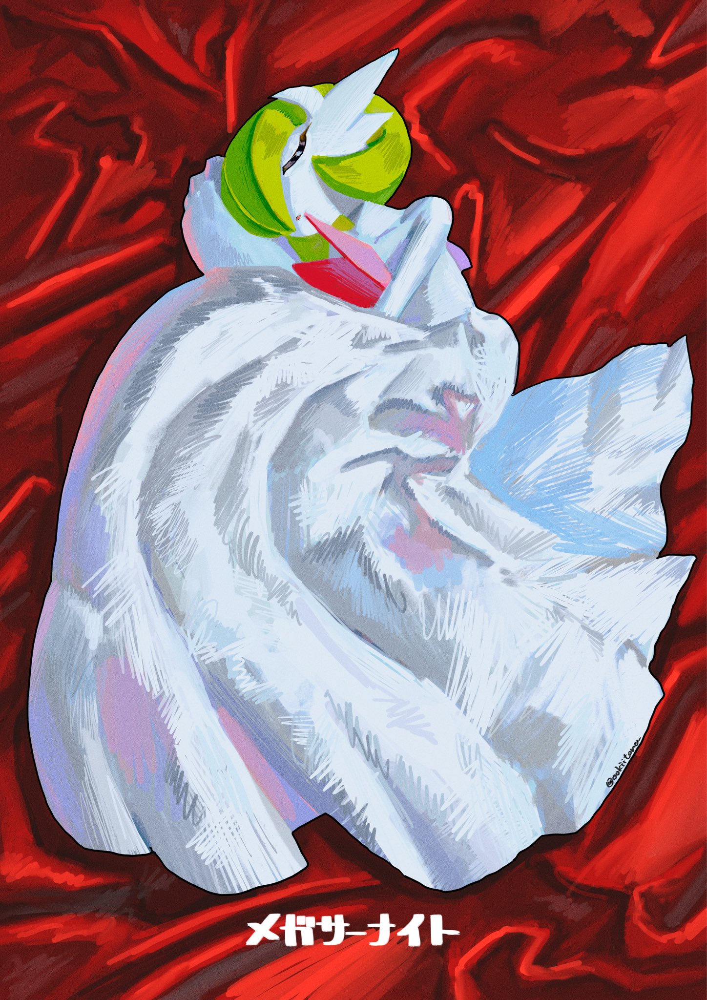 ookiitora128706, gardevoir, mega gardevoir, nintendo, pokemon, highres, artist name, bob cut, closed eyes, colored skin, dress, gen 3 pokemon, green hair, lying, mega pokemon, on side, pokemon (creature), white dress, white skin