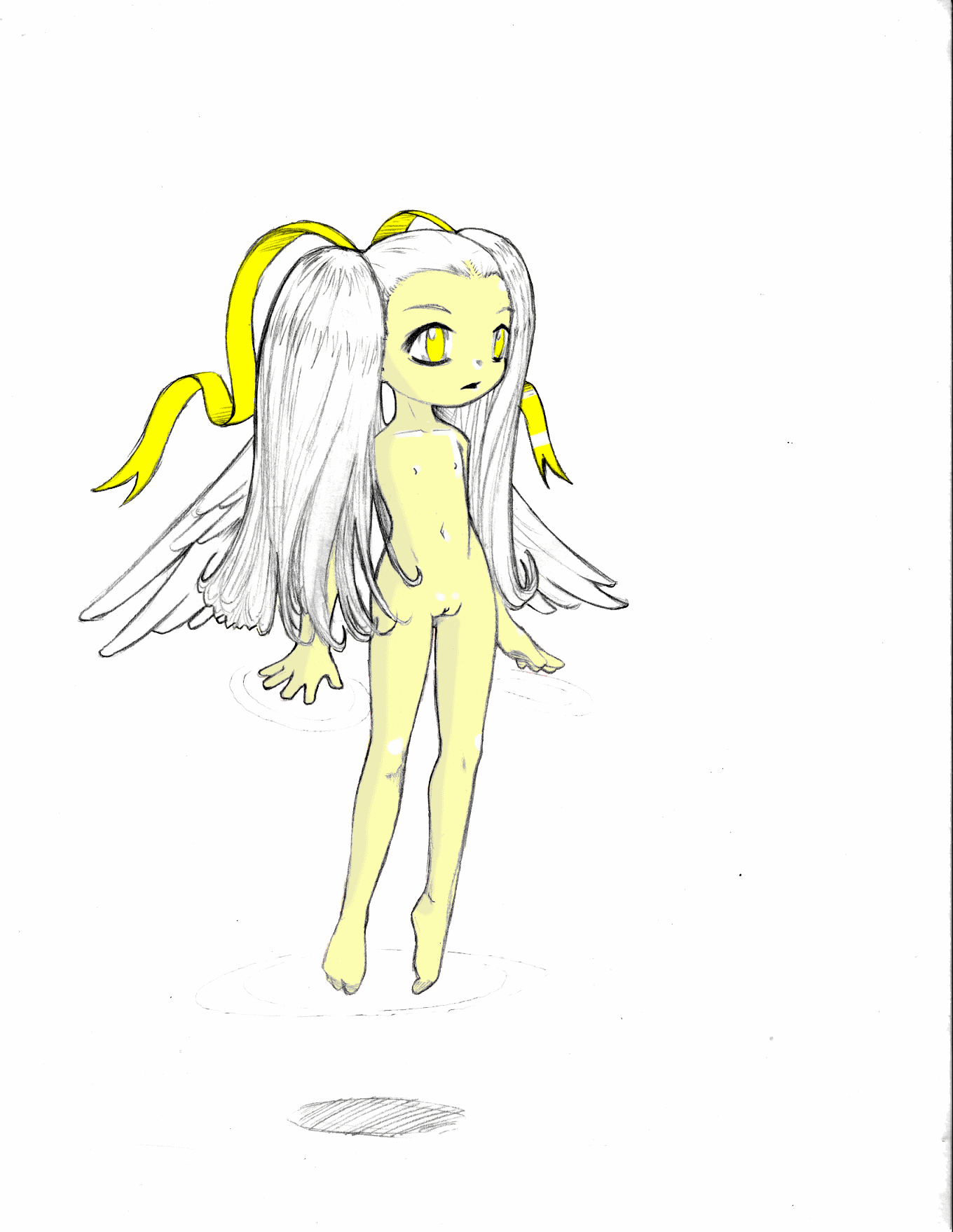 4stray, highres, angel, flat chest, floating, loli, nude, white hair, wings