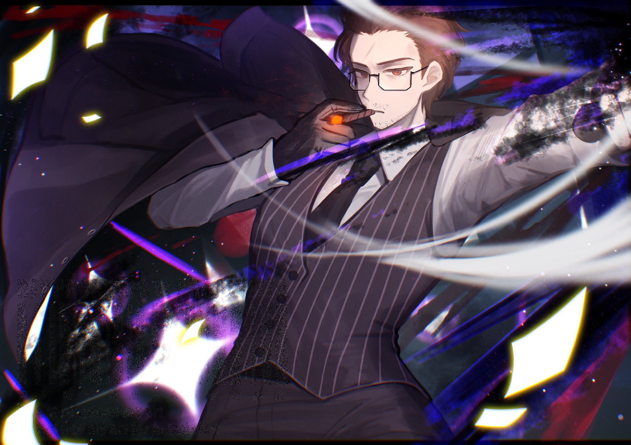 rinne (poyonpoyon o0), gregor (project moon), limbus company, project moon, highres, 1boy, bags under eyes, beard stubble, black gloves, black jacket, black necktie, brown eyes, brown hair, cigar, collared shirt, cowboy shot, facial hair, flying paper, glasses, gloves, hair slicked back, holding, holding cigar, jacket, jacket on shoulders, looking at viewer, male focus, motion blur, necktie, night awls (identity) (project moon), official alternate costume, paper, shirt, smoking, solo, sparkle, striped clothes, striped vest, stubble, vest, white shirt