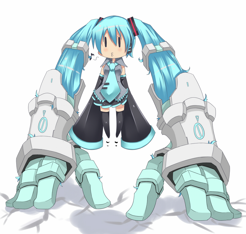 s-pot, hatsune miku, vocaloid, 1girl, aqua hair, armor, chibi, detached sleeves, female focus, gauntlets, headphones, long hair, mechabare, musical note, necktie, o3o, prehensile hair, solo, thighhighs, twintails, very long hair, zettai ryouiki, | |