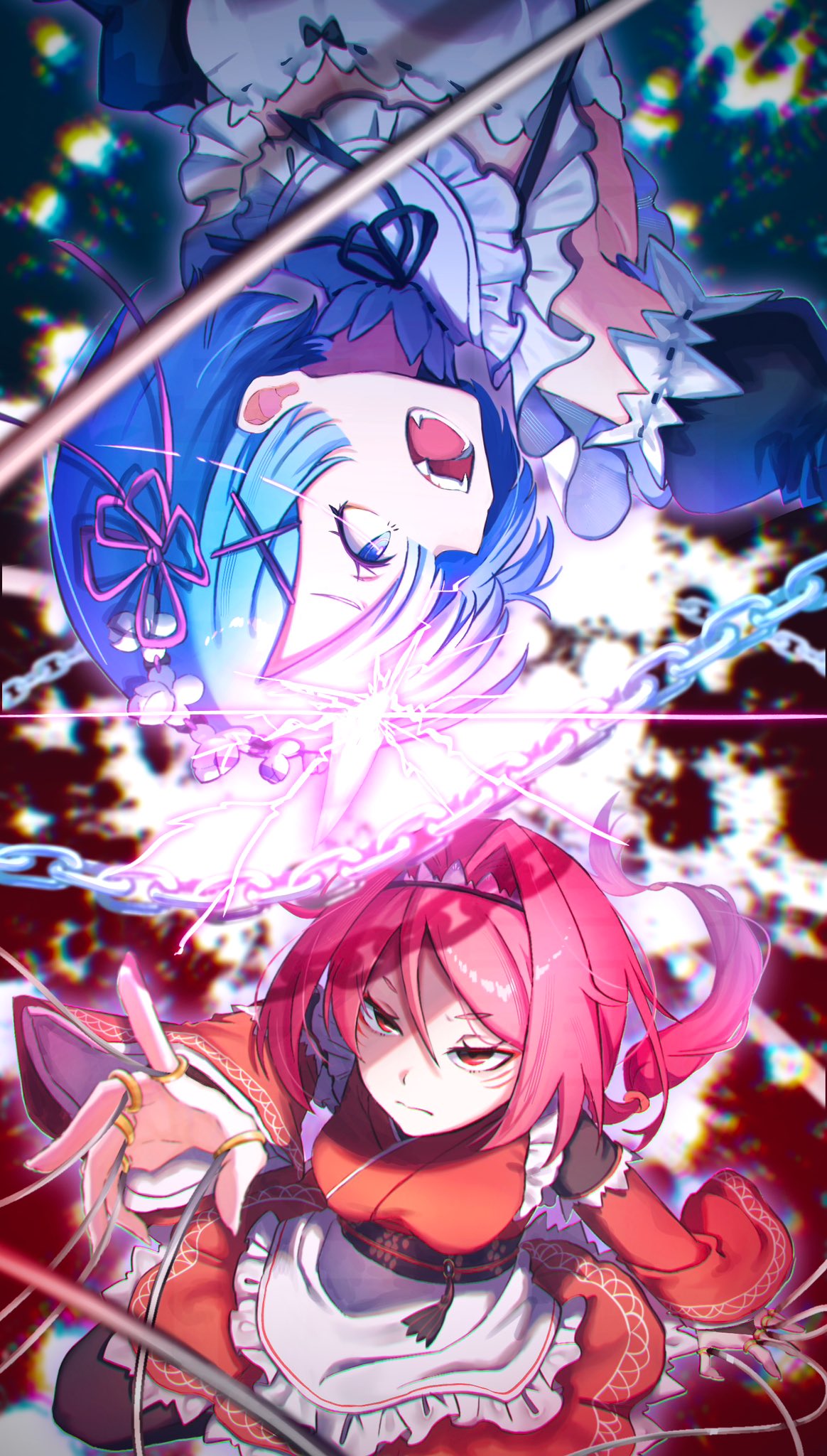 rem (re:zero), yae tenzen, re:zero kara hajimeru isekai seikatsu, highres, 2girls, apron, black ribbon, blue eyes, blue hair, breasts, chain, closed mouth, detached sleeves, fangs, hair ornament, hair over one eye, hair ribbon, japanese clothes, jewelry, kimono, long hair, long sleeves, maid, maid apron, maid headdress, multiple girls, nesigita rezero, open mouth, pink hair, pink ribbon, red eyes, red hair, red kimono, ribbon, ring, roswaal mansion maid uniform, short hair, siblings, sisters, thighhighs, twins, upside-down, waist apron, wide sleeves, x hair ornament