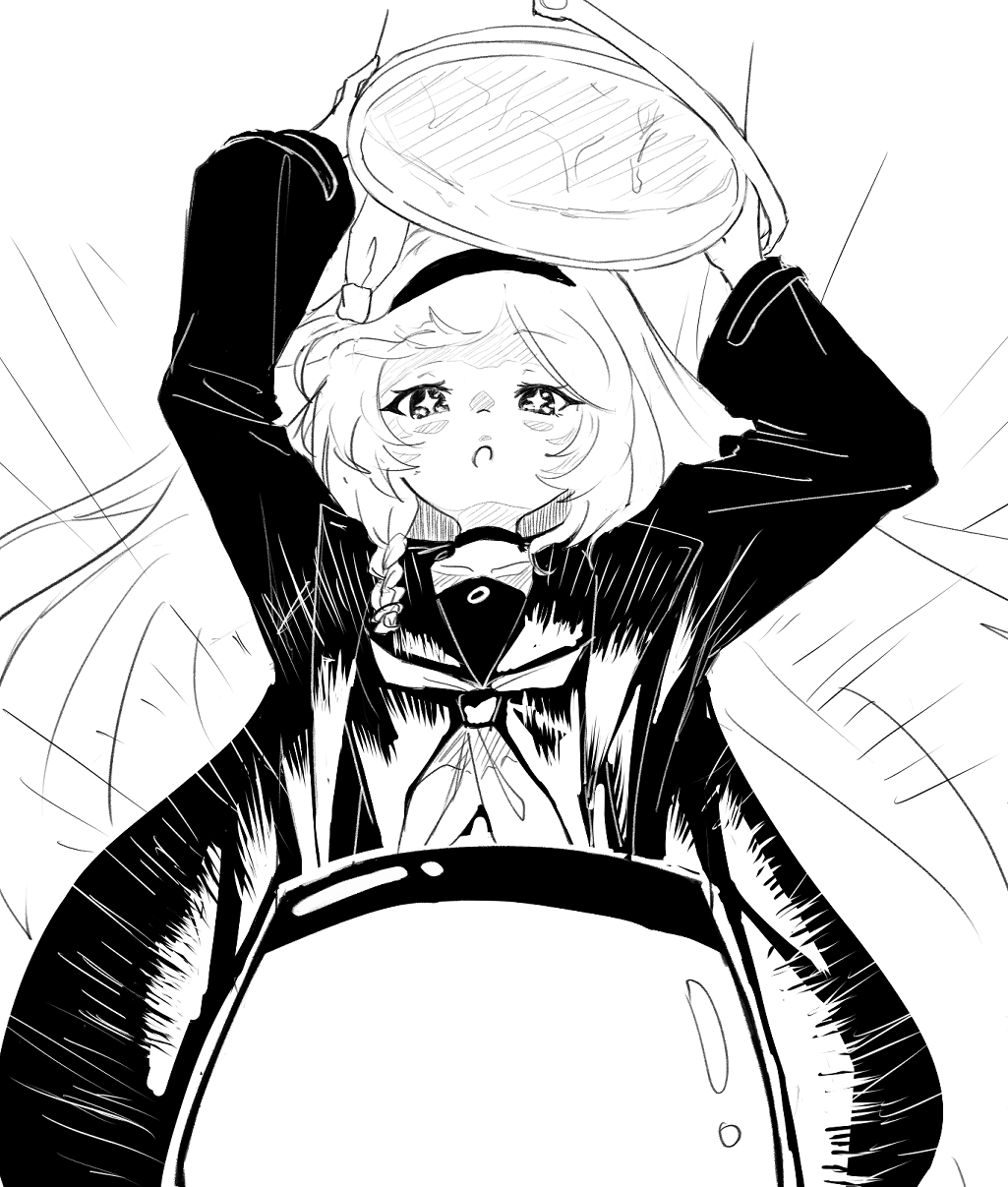 sueoki makura, plana (blue archive), blue archive, commentary request, highres, + +, 1girl, :o, arms up, blush stickers, bow, braid, bucket, choker, coat, cowboy shot, emphasis lines, excited, floating hair, food, from below, greyscale, hair bow, hairband, holding, holding bucket, long hair, long sleeves, looking at food, looking down, monochrome, neckerchief, open clothes, open coat, open mouth, outline, pudding, school uniform, serafuku, simple background, single braid, sketch, solo, underlighting, very long hair, white background, white outline, wide sleeves