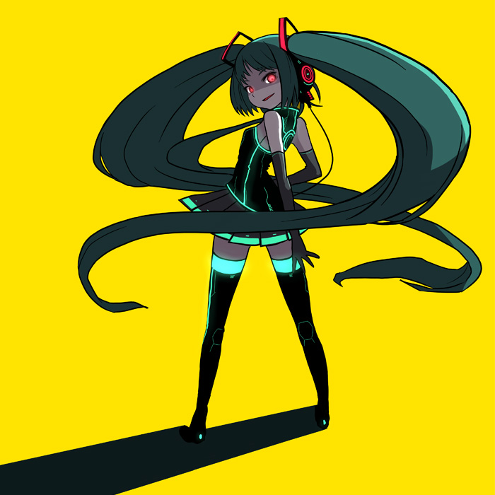 ken (koala), sawakita, hatsune miku, vocaloid, 1girl, elbow gloves, female focus, gloves, green hair, long hair, looking back, red eyes, simple background, skirt, smile, solo, thighhighs, twintails, very long hair, zettai ryouiki