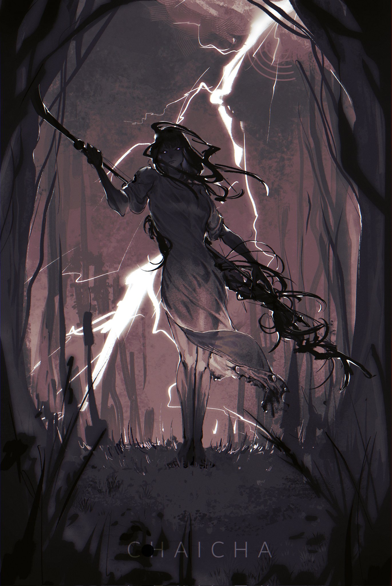 chaicha, raiden shogun, genshin impact, commentary, english commentary, highres, 1girl, alternate costume, angry, artist name, blunt bangs, braid, brown background, closed mouth, dress, electricity, engulfing lightning (genshin impact), full body, glowing, glowing eyes, head tilt, holding, holding polearm, holding weapon, lightning, long braid, monochrome, polearm, short sleeves, single braid, solo, standing, storm, torn clothes, torn dress, weapon, wide sleeves