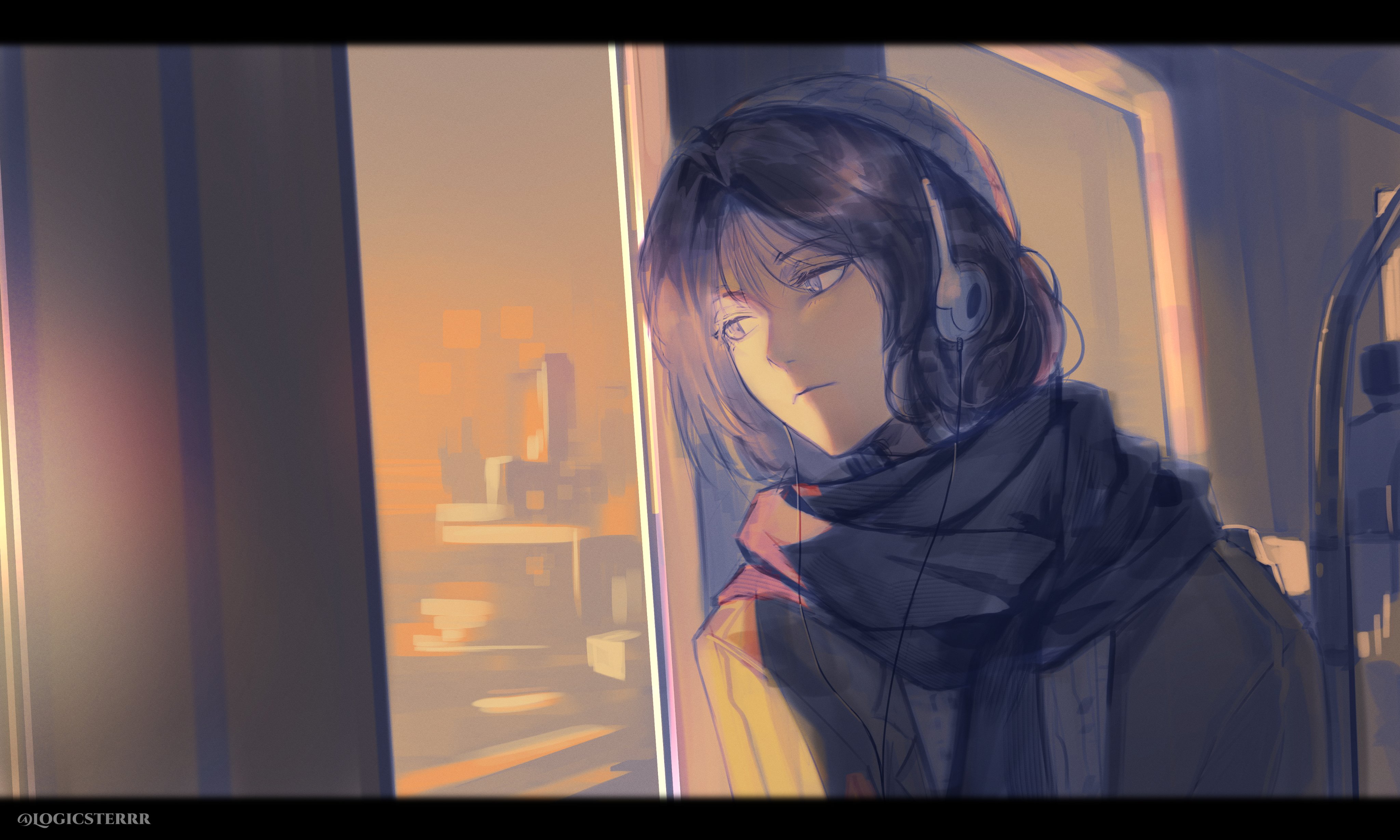 logicsterrr, nephis (shadow slave), shadow slave, absurdres, highres, 1girl, against window, beanie, black hair, bob cut, grey eyes, hat, head tilt, headphones, letterboxed, light frown, scarf, short hair, sidelighting, sitting, solo, train interior, upper body