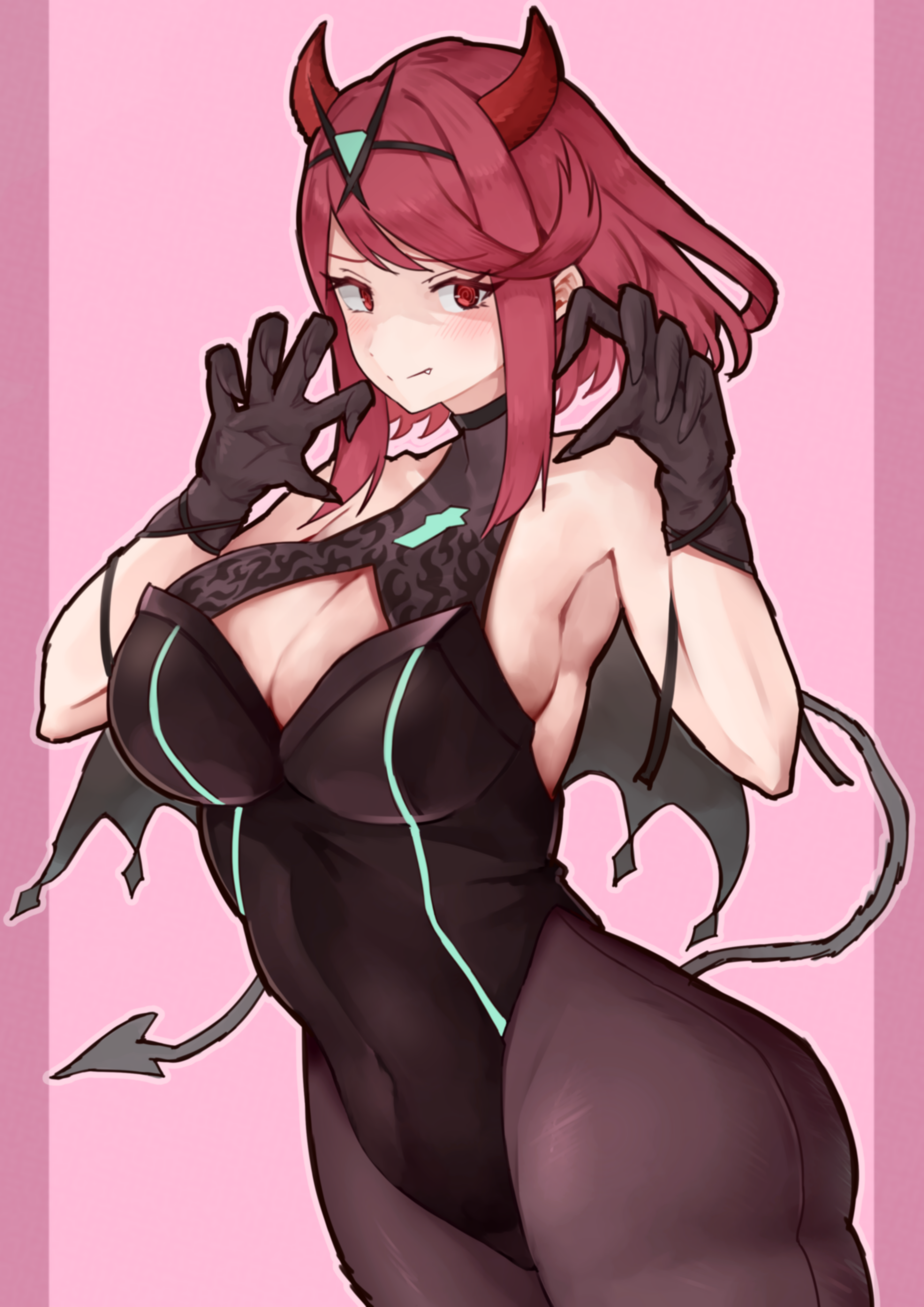 yotsuha uni, pyra (xenoblade), xenoblade chronicles (series), xenoblade chronicles 2, absurdres, commentary request, highres, 1girl, bare shoulders, black leotard, bob cut, breasts, brown gloves, brown pantyhose, chest jewel, claw pose, cleavage, cleavage cutout, closed mouth, clothing cutout, core crystal (xenoblade), covered navel, cowboy shot, demon tail, demon wings, fake tail, fake wings, gem, gloves, green gemstone, halloween costume, horns, large breasts, leotard, looking at viewer, pantyhose, pink background, red eyes, red hair, red horns, short hair, sidelocks, solo, tail, tiara, wings