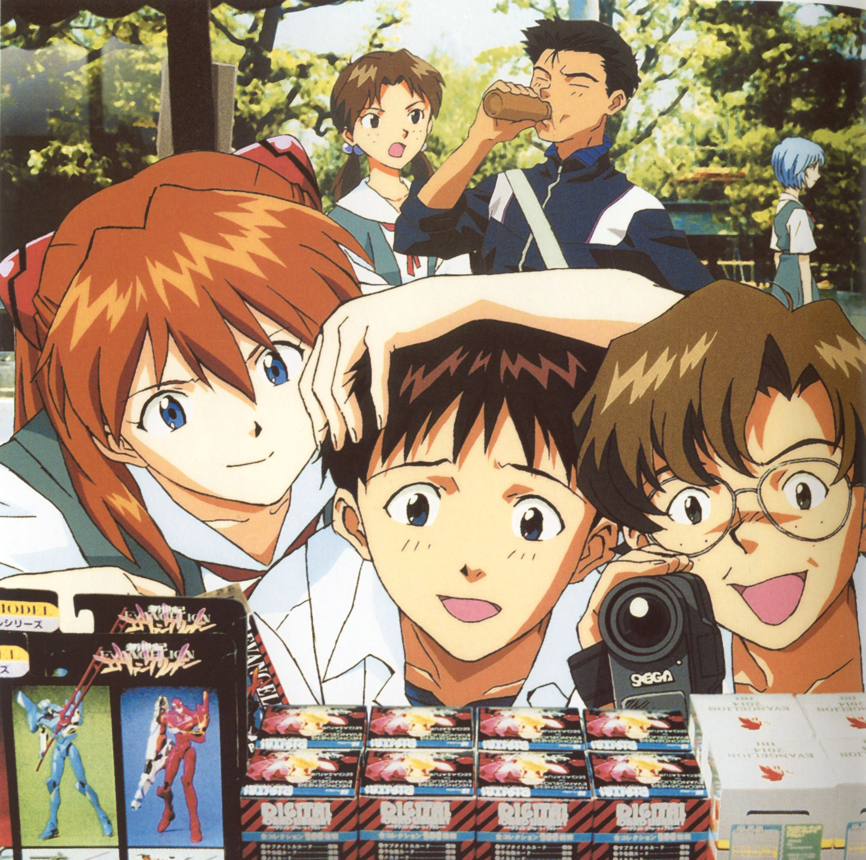 aida kensuke, ayanami rei, horaki hikari, ikari shinji, souryuu asuka langley, suzuhara touji, neon genesis evangelion, absurdres, highres, scan, 3boys, 3girls, blue eyes, blue hair, brown eyes, brown hair, freckles, glasses, multiple boys, multiple girls, red hair, school uniform, short hair, twintails