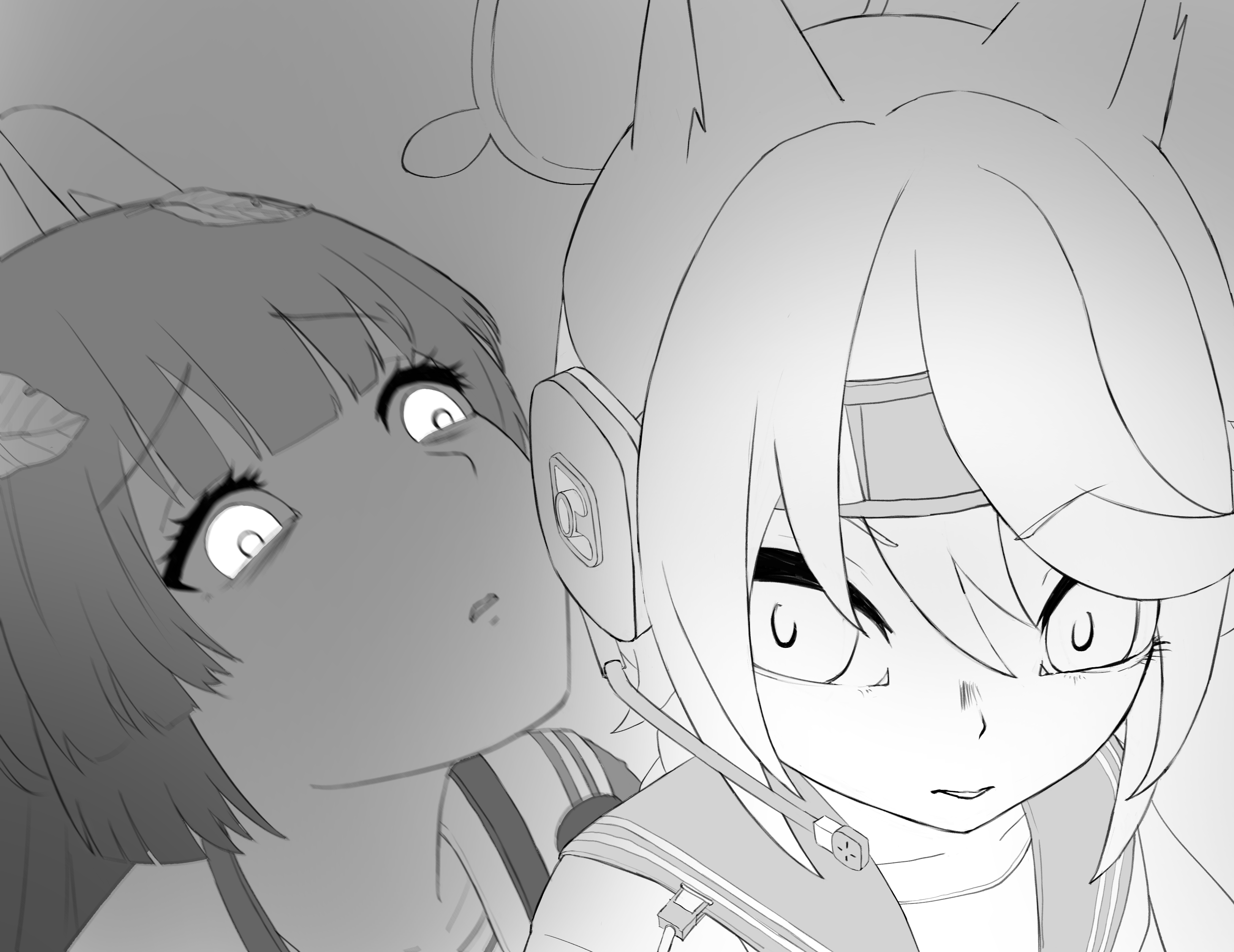 sueoki makura, miyu (blue archive), otogi (blue archive), blue archive, absurdres, commentary, highres, 2girls, animal ears, blunt bangs, blunt ends, extra ears, eyelashes, fake animal ears, fox ears, fox girl, furrowed brow, glowing, glowing eyes, grey background, greyscale, hair between eyes, halo, headband, leaf, leaf on head, looking at another, monochrome, motion blur, multiple girls, parted lips, portrait, rabbit ears, sailor collar, school uniform, serafuku, sidelocks, simple background, surprised, v-shaped eyebrows, you gonna get raped