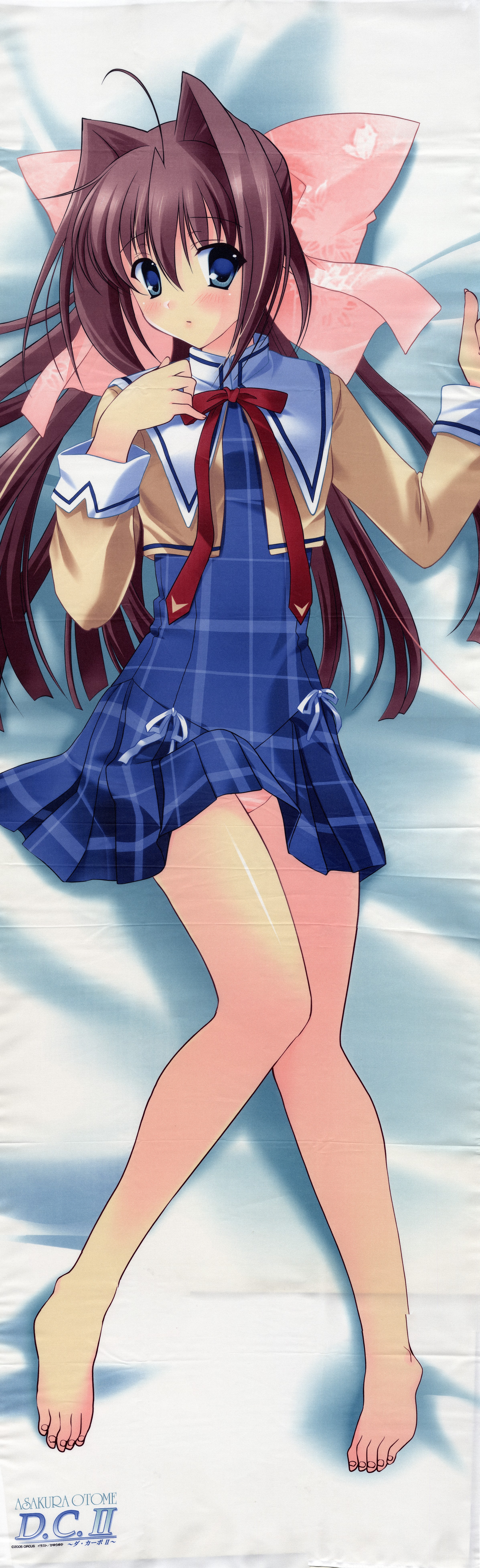 kayura yuka, asakura otome, da capo, da capo ii, absurdres, highres, long image, scan, tall image, 00s, 1girl, ahoge, bad feet, barefoot, blue eyes, blush, bow, brown hair, dakimakura (medium), feet, female focus, long hair, lying, panties, pantyshot, ponytail, ribbon, school uniform, solo, underwear