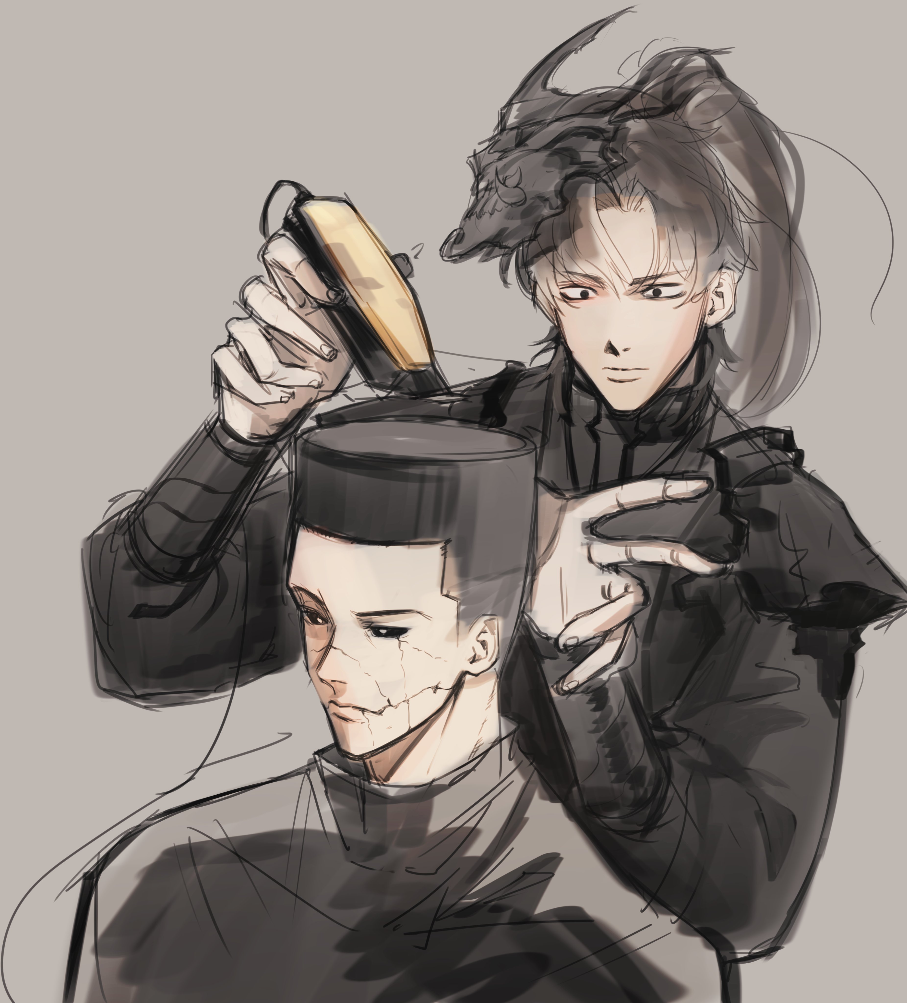 logicsterrr, mordret (shadow slave), sunny (shadow slave), shadow slave, absurdres, commentary, english commentary, highres, 2boys, armor, black eyes, black hair, black robe, broken skin, choso giving toudou a haircut (meme), cutting hair, fade (haircut), flattop, hair clipper, hands up, high ponytail, male focus, mask, meme, multiple boys, ponytail, robe, serious, shoulder armor, upper body