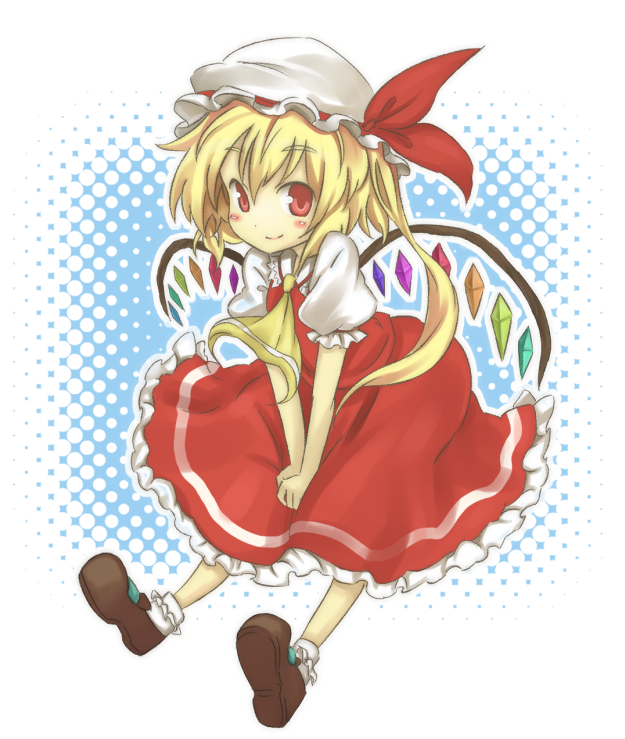 nidoro, flandre scarlet, embodiment of scarlet devil, touhou, bad id, bad pixiv id, 1girl, blonde hair, blouse, brown shoes, collared shirt, female focus, full body, hair between eyes, halftone, halftone background, hat, mob cap, ponytail, red eyes, shirt, shoes, short hair, side ponytail, socks, solo, white hat, white shirt, white socks, wings