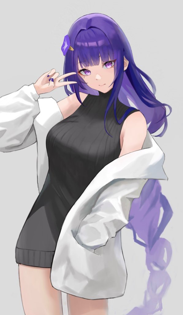 haruhachiya, raiden shogun, genshin impact, commentary, english commentary, alternate costume, bare shoulders, black dress, blunt bangs, blurry, braid, closed mouth, contemporary, depth of field, dress, flower, flower ornament, gradient hair, grey background, hair ornament, hairclip, hand in pocket, hand up, head tilt, jacket, long braid, long hair, looking at viewer, mole, mole under eye, multicolored hair, off shoulder, open clothes, open jacket, purple eyes, purple flower, purple hair, purple nails, shade, simple background, single braid, sleeveless, sleeveless dress, standing, thighs, upper body, v