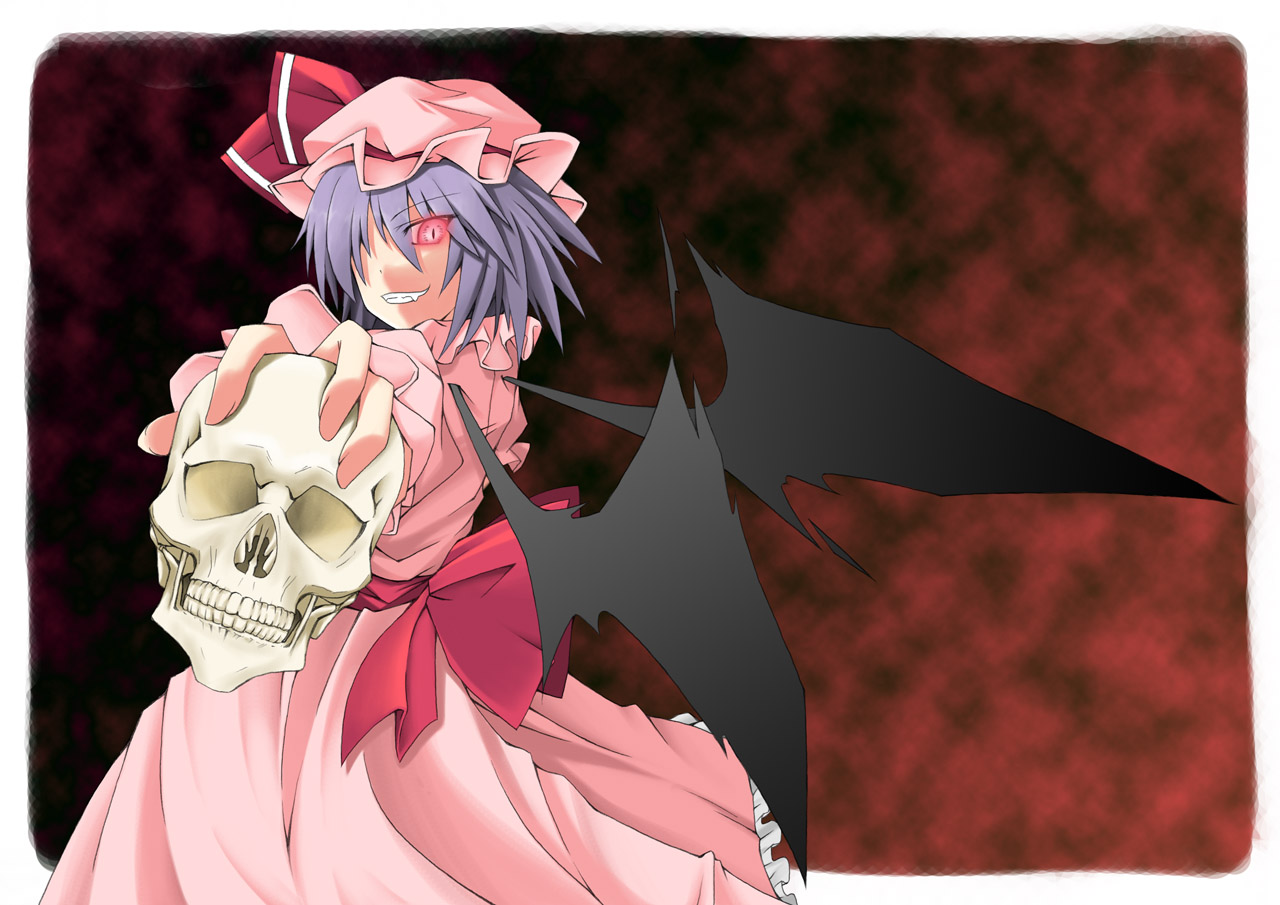 iseki mitsuharu, remilia scarlet, touhou, 1girl, female focus, glowing, glowing eyes, hair over one eye, hat, purple hair, red eyes, short hair, skull, solo, wings