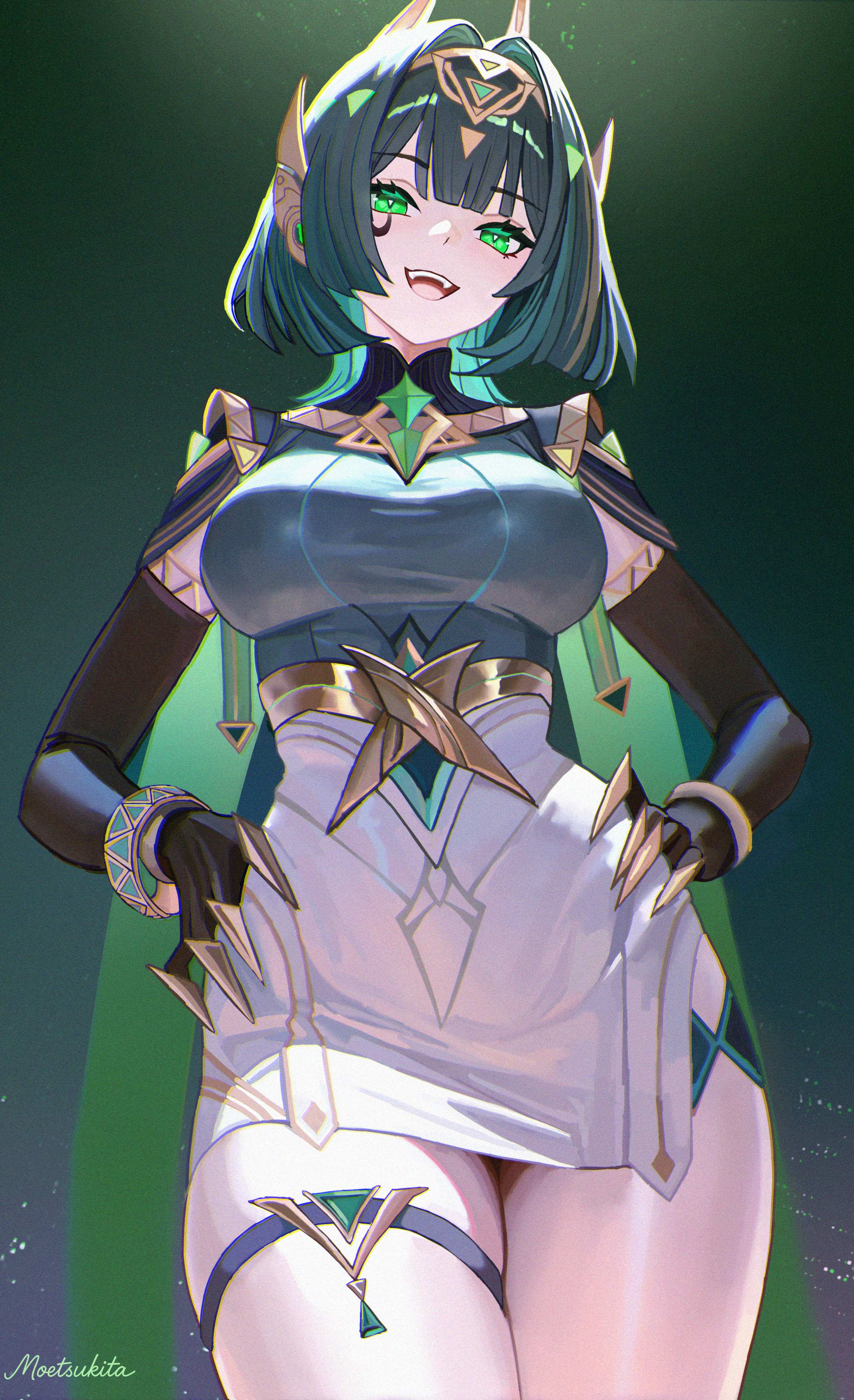 moetsukita, nefer (genshin impact), genshin impact, absurdres, ai-assisted, highres, 1girl, :d, black gloves, breasts, closed mouth, cowboy shot, dress, elbow gloves, facial mark, gloves, green eyes, green hair, hair ornament, hand on own hip, jewelry, large breasts, looking at viewer, medium hair, open mouth, short hair, smile, solo, teeth, thighs, upper teeth only
