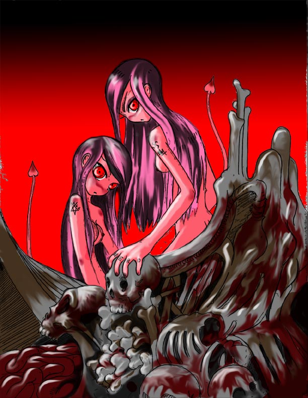 4stray, demon, loli, siblings, skull, tail, tattoo, twins