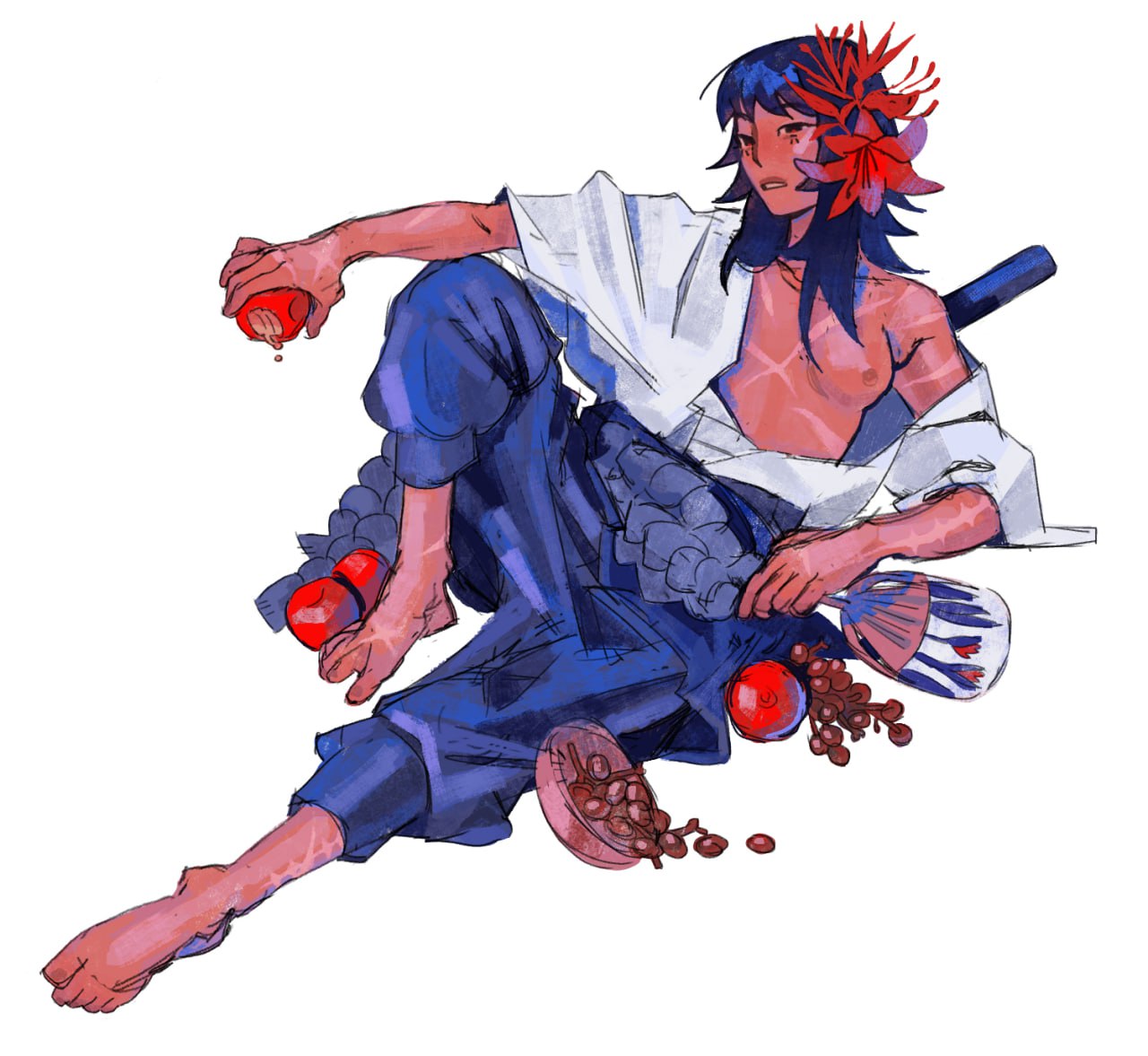 uchiha sasuke, naruto (series), naruto shippuuden, 1girl, black hair, breasts, flower, genderswap, genderswap (mtf), hair flower, hair ornament, katana, long hair, looking at viewer, nipples, open mouth, red flower, scar, scar on chest, shirt, simple background, sword, weapon, white background, xuoiwa