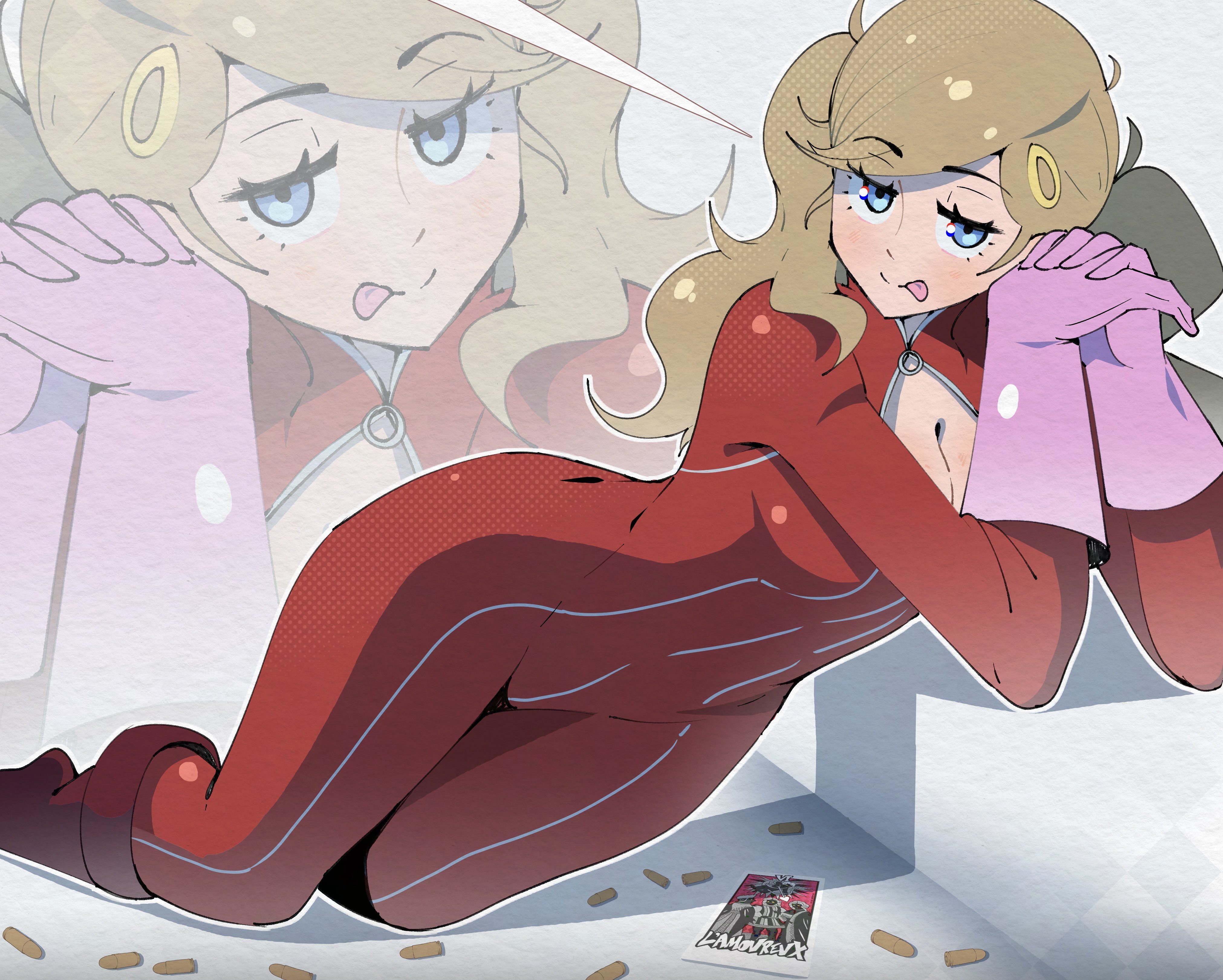gjh, takamaki anne, persona, persona 5, absurdres, highres, 1girl, blonde hair, blue eyes, bodysuit, breasts, cleavage, closed mouth, gloves, large breasts, long hair, looking at viewer, pink gloves, red bodysuit, rubber gloves, shiny clothes, smile, solo, tongue, tongue out, twintails, zoom layer