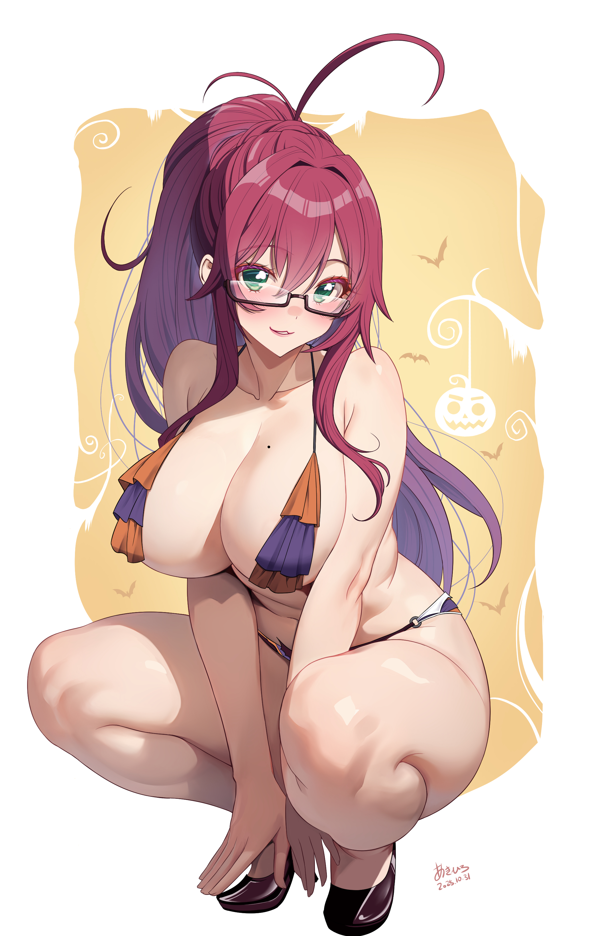 akihiro0920, yakuzen kusuri, yakuzen kusuri (older), kimi no koto ga dai dai dai dai daisuki na 100-nin no kanojo, absurdres, commentary request, highres, paid reward available, 1girl, ahoge, bikini, black-framed eyewear, black thighhighs, blush, breasts, cleavage, glasses, green eyes, jack-o'-lantern, large breasts, long hair, looking at viewer, mole, mole on breast, red hair, semi-rimless eyewear, sidelocks, smile, solo, squatting, swimsuit, thighhighs, under-rim eyewear, white background