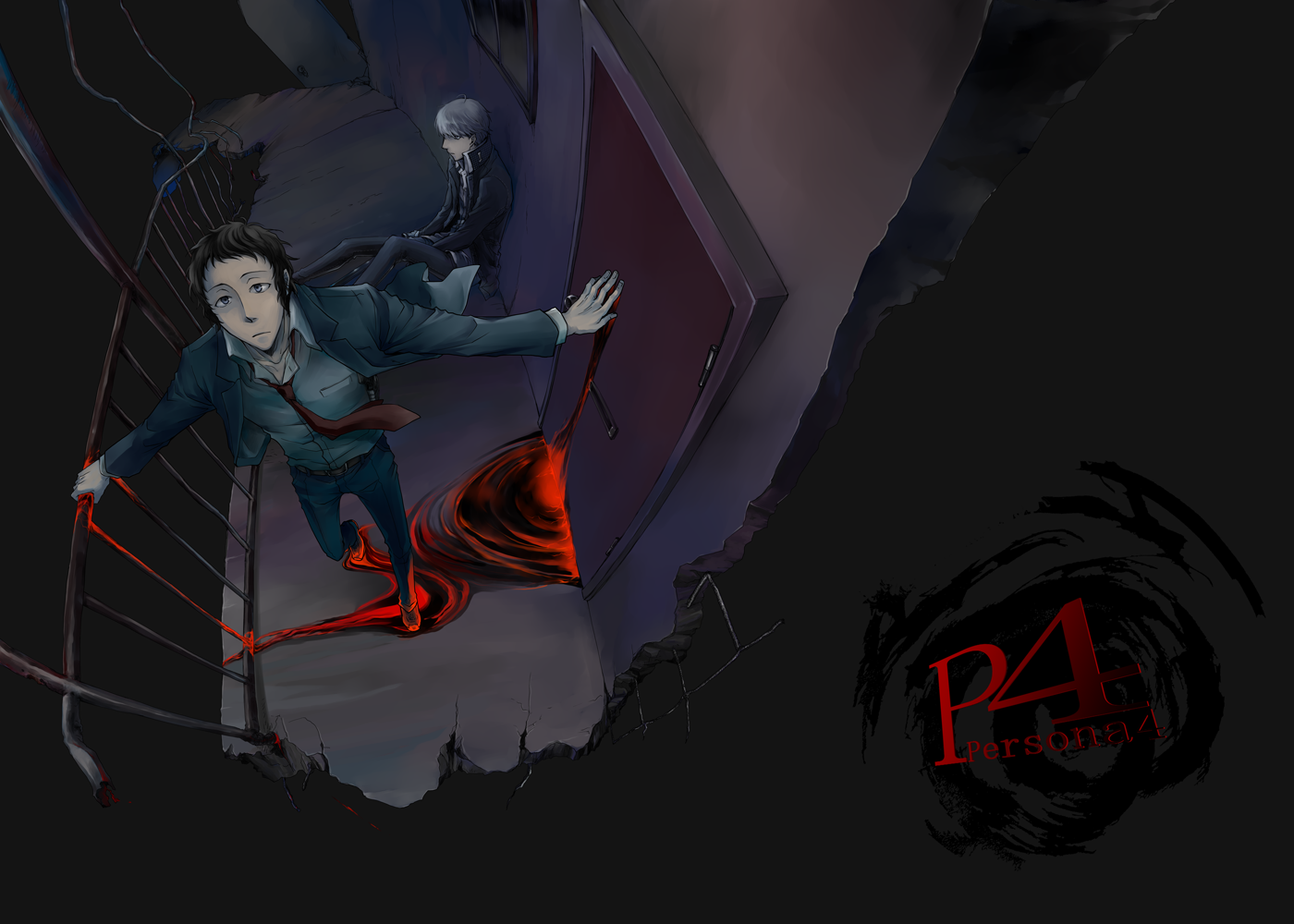 kaina (b-white), adachi tooru, narukami yu, atlus, persona, persona 4, bad id, bad pixiv id, spoilers, blood, from above, grey hair, male focus, necktie, school uniform, solo