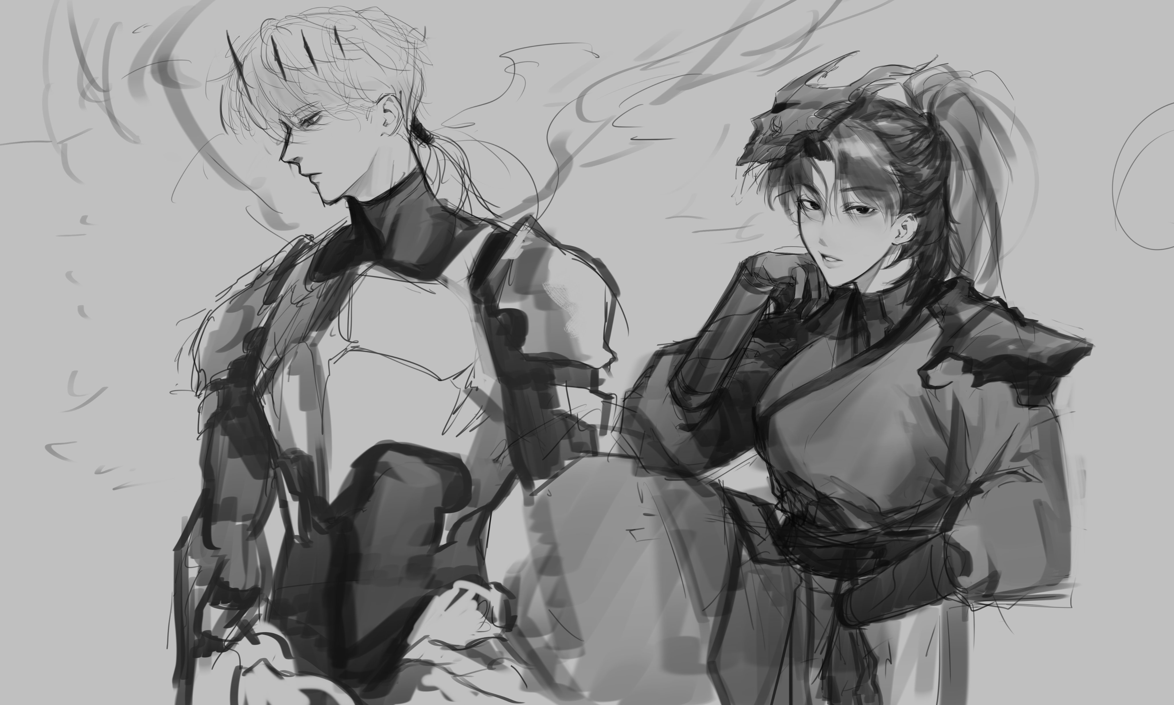 logicsterrr, nephis (shadow slave), sunny (shadow slave), shadow slave, absurdres, highres, 1boy, 1girl, armor, bags under eyes, breastplate, crown, greyscale, hand on own chin, hand on own hip, head rest, height difference, high ponytail, knee up, looking at viewer, looking to the side, low ponytail, monochrome, ponytail, robe, shoulder armor, upper body