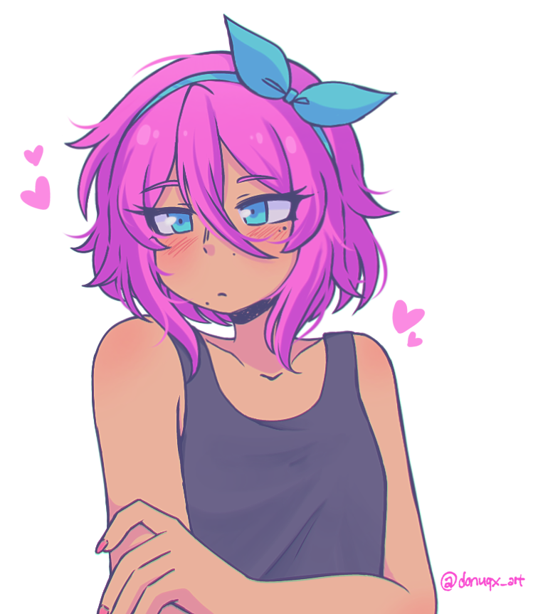 donuqx, aubrey (faraway) (omori), aubrey (omori), omori, 1girl, alternate hair length, alternate hairstyle, blue eyes, blue hairband, blush, bob cut, closed mouth, collarbone, double-parted bangs, hair between eyes, hairband, heart, looking at viewer, mole, mole under eye, pink hair, pink nails, simple background, solo, twitter username, upper body, white background