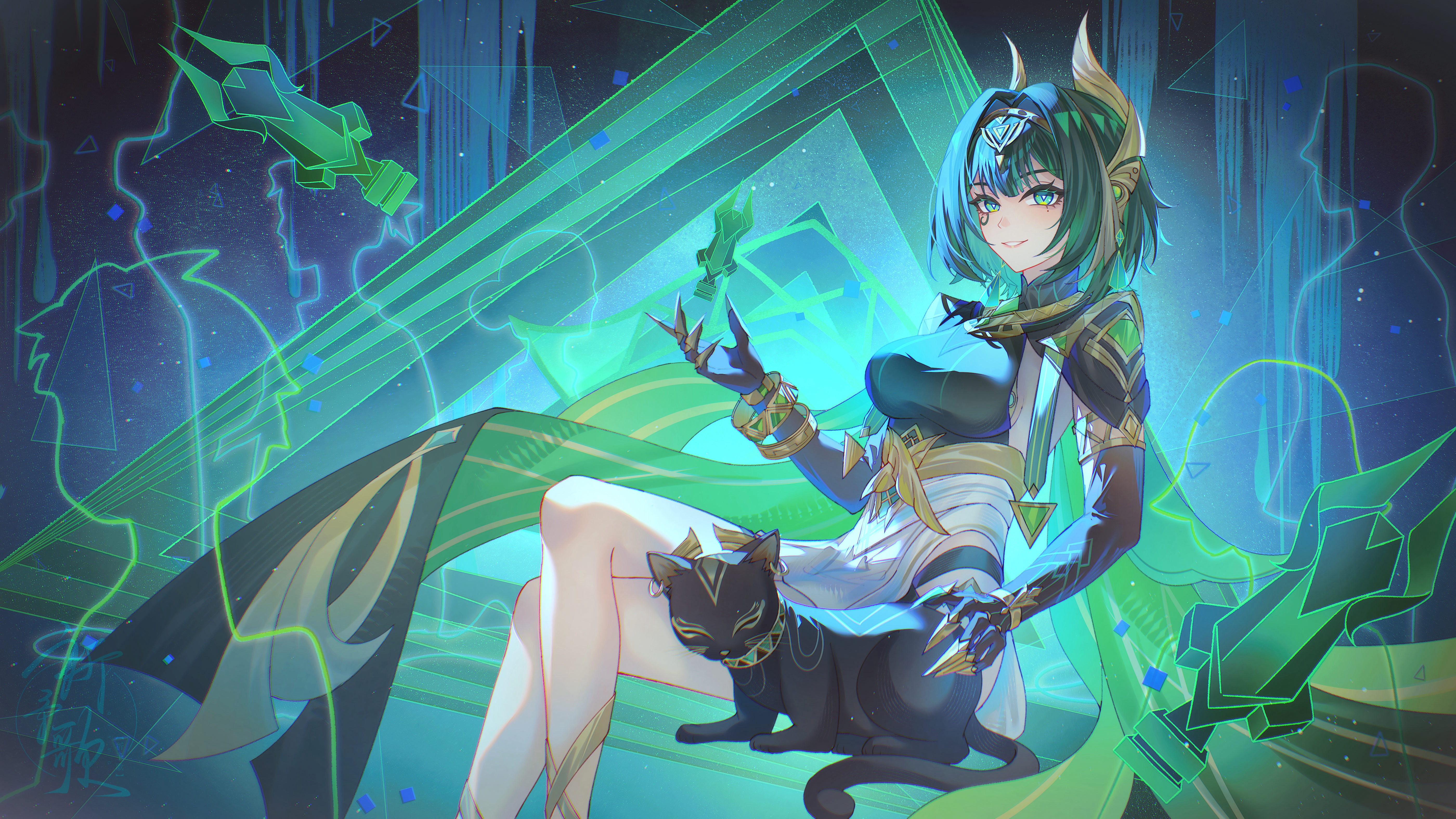 aqinorz, nefer (genshin impact), genshin impact, absurdres, highres, 1girl, black gloves, breasts, cat, closed mouth, crossed legs, dress, elbow gloves, facial mark, gloves, green eyes, green hair, hair ornament, jewelry, large breasts, long hair, looking at viewer, medium hair, mole, mole under eye, multiple girls, short hair, sitting, smile, solo, symbol-shaped pupils, thighs, white background