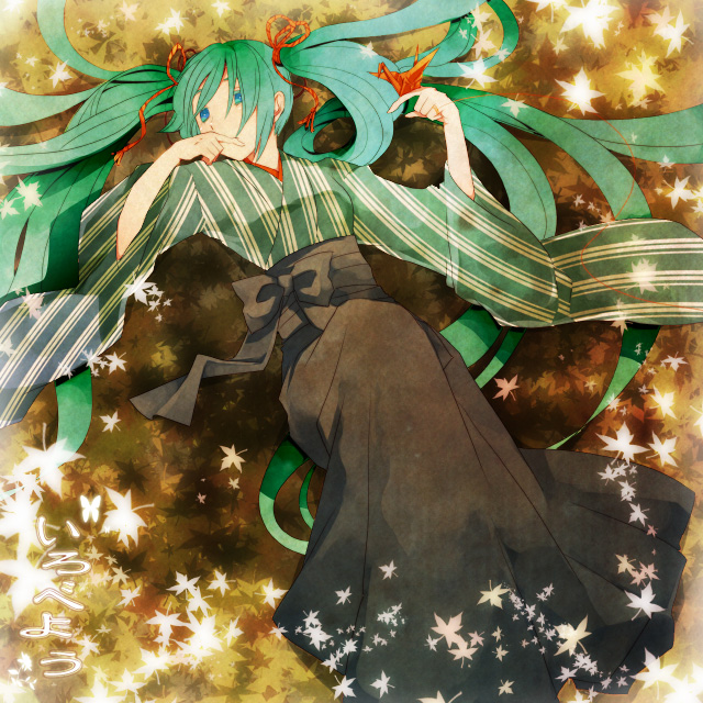 l (matador), l (pixiv), hatsune miku, vocaloid, bad id, bad pixiv id, 1girl, blue eyes, dress, female focus, green hair, hair ribbon, japanese clothes, kimono, long hair, lying, on back, print dress, ribbon, solo, string, string of fate, striped clothes, striped dress, twintails, very long hair