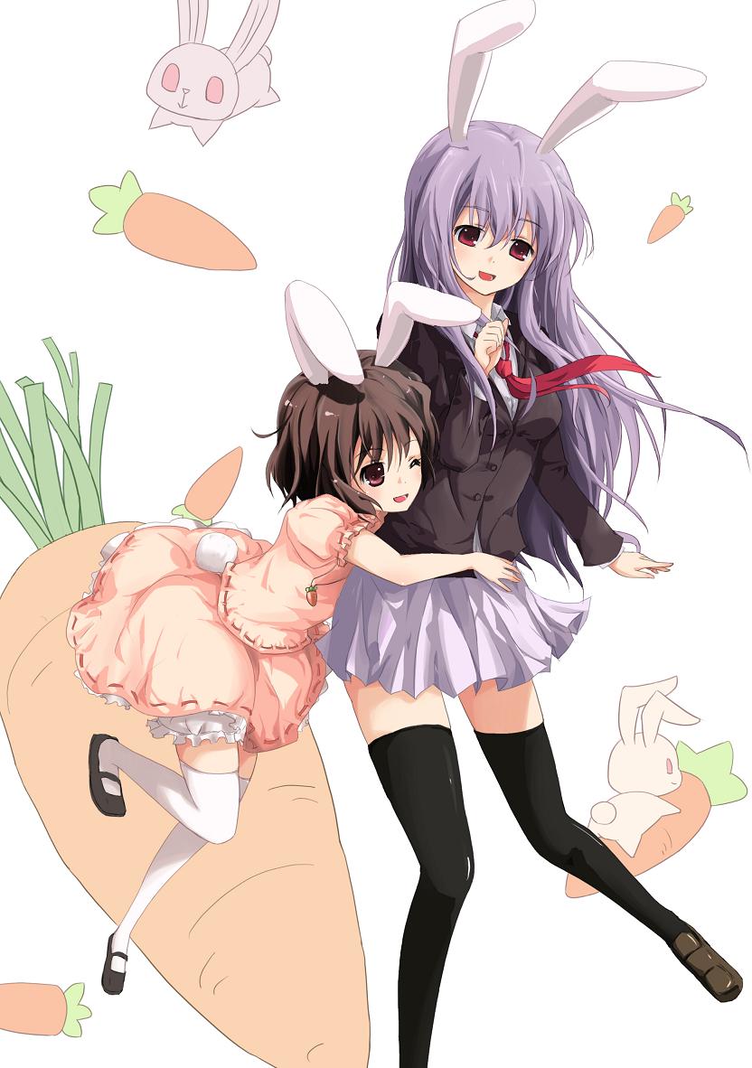 zhao shuwen, inaba tewi, reisen udongein inaba, touhou, jpeg artifacts, 2girls, animal ears, black thighhighs, blazer, carrot, female focus, hug, jacket, miniskirt, multiple girls, rabbit, rabbit ears, skirt, thighhighs, white background, zettai ryouiki