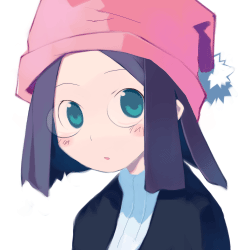 asami natsuhito, original, archived source, lowres, 1girl, :o, aqua eyes, black hair, black jacket, blunt ends, blush, dot nose, glasses, harada takehito (style), hat, jacket, looking to the side, no lineart, no pants, no sclera, open mouth, pince-nez, pink hat, pom pom (clothes), pom pom hat ornament, ribbed sweater, round eyewear, school uniform, serafuku, short hair, simple background, solo, sweater, turtleneck, upper body, white background, white serafuku