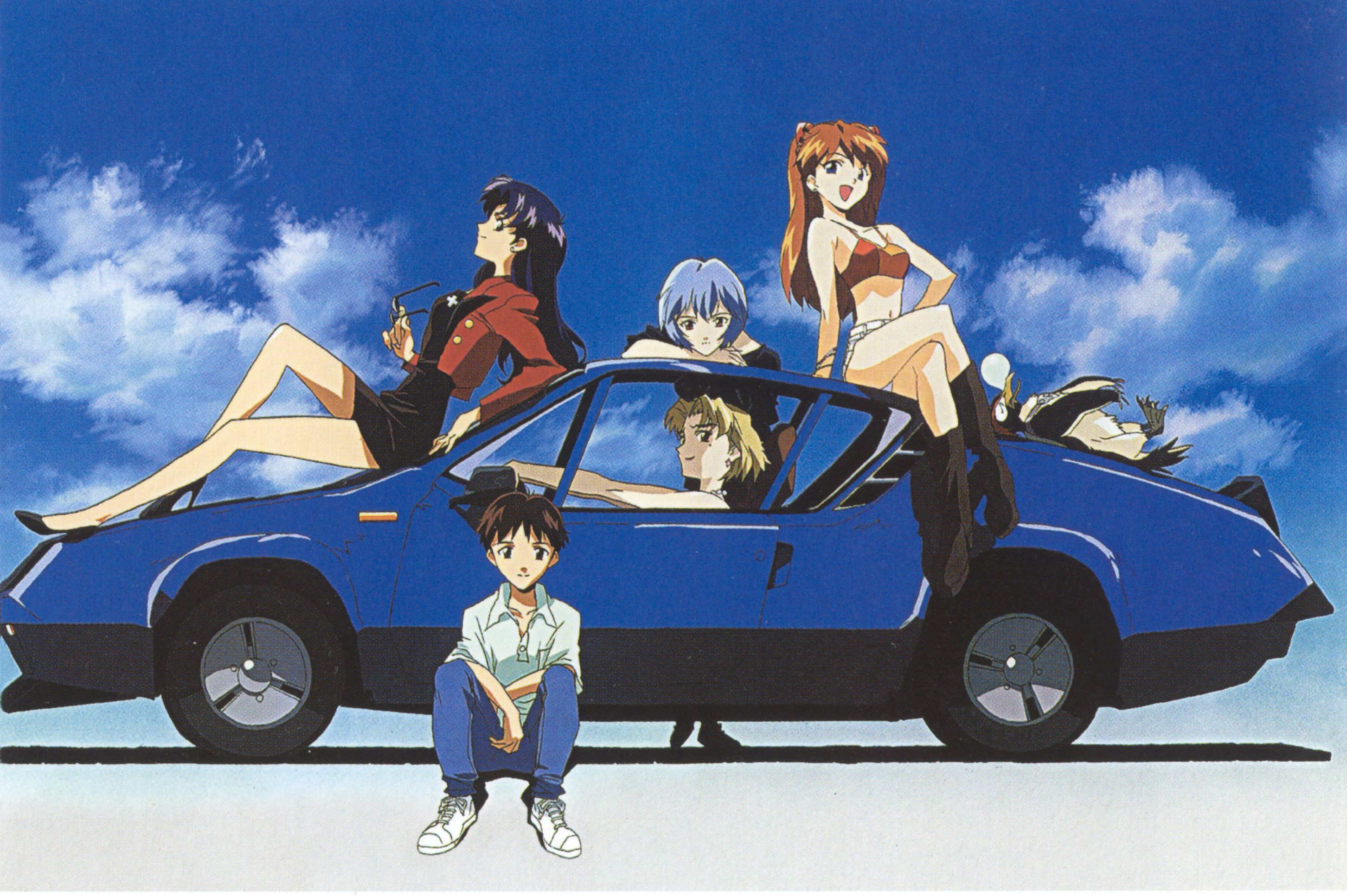 akagi ritsuko, ayanami rei, ikari shinji, katsuragi misato, penpen, souryuu asuka langley, neon genesis evangelion, renault, cleaned, highres, official art, scan, 1boy, 4girls, bird, blonde hair, blue hair, boots, brown hair, bustier, car, cloud, cross, crossed legs, day, earrings, holding, holding removed eyewear, jewelry, left-hand drive, long hair, long legs, looking at viewer, midriff, mole, mole under eye, motor vehicle, multiple girls, on car, orange hair, outdoors, panties, penguin, red hair, renault alpine a310, short hair, shorts, sitting, sky, sleeping, smile, sunglasses, twintails, underwear, unworn eyewear, vehicle focus