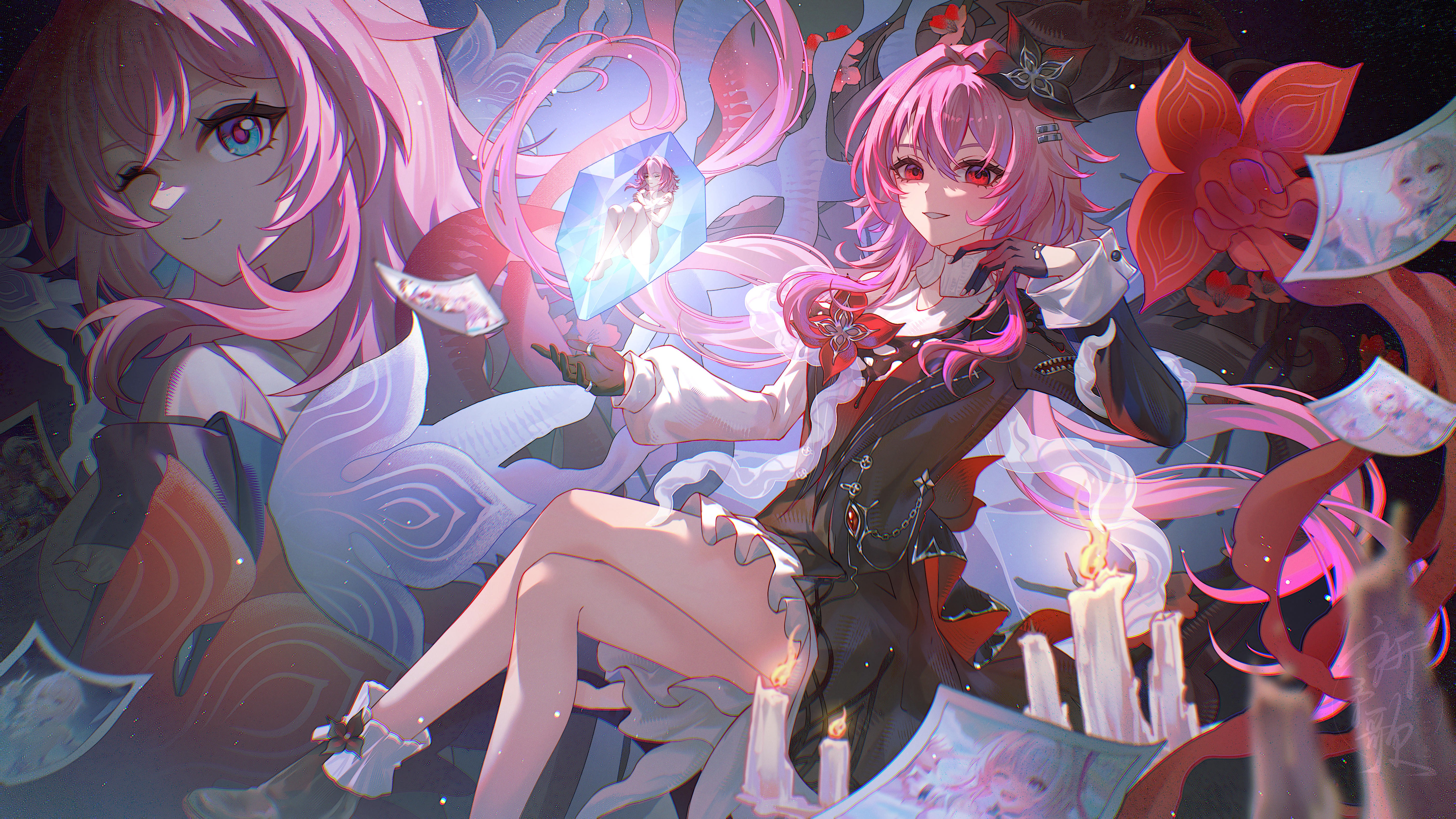 aqinorz, evernight (honkai: star rail), march 7th (honkai: star rail), honkai: star rail, honkai (series), absurdres, highres, 2girls, black dress, black flower, black gloves, candlelight, crossed legs, dress, earrings, flower, gloves, hair between eyes, hair flower, hair ornament, holding, jewelry, long hair, long sleeves, looking at viewer, multiple girls, photo (object), pink hair, red eyes, shirt, smile, solo