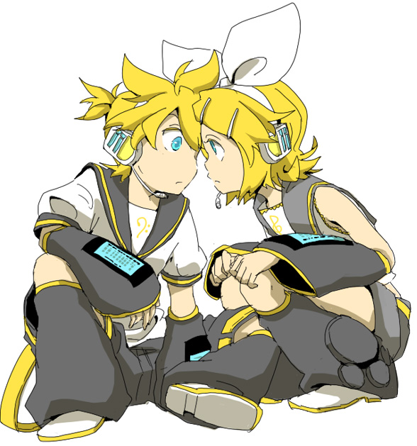 yuzuhara moke, kagamine len, kagamine rin, vocaloid, bad id, bad pixiv id, 1boy, 1girl, blonde hair, blue eyes, brother and sister, hair ornament, hair ribbon, hairclip, headphones, headset, ribbon, sailor collar, short hair, shorts, siblings, simple background, sitting, twins
