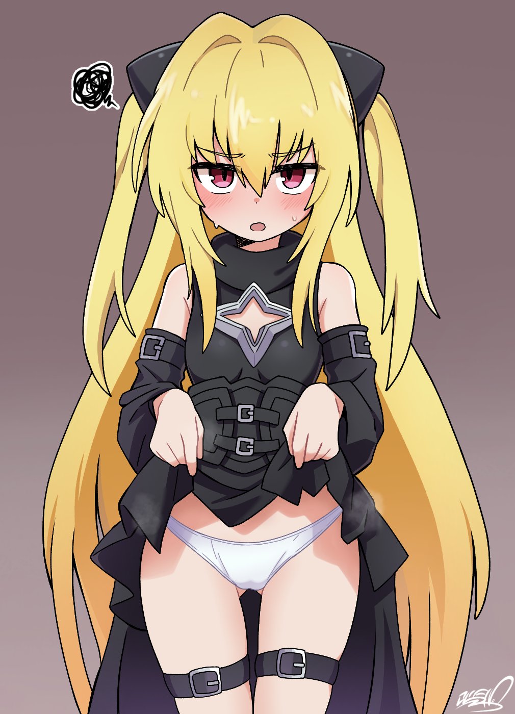 koonowen, konjiki no yami, to love-ru, highres, 1girl, black dress, black sleeves, blonde hair, blush, clothes lift, detached sleeves, dress, dress lift, embarrassed, female focus, flashing, hair ornament, lifting own clothes, long hair, looking at viewer, open mouth, panties, simple background, solo, squiggle, standing, thigh gap, thigh strap, underwear, very long hair, white panties