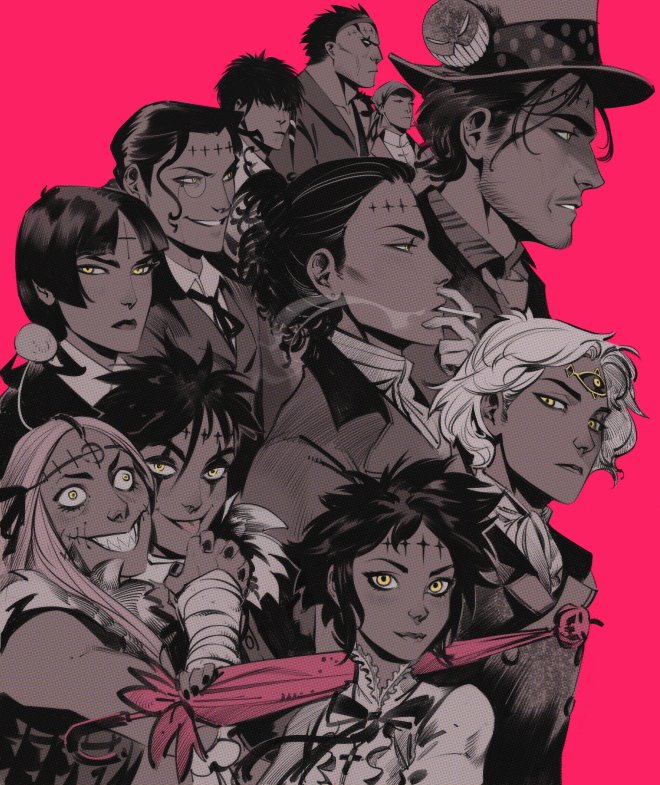 phobso, devit, jasdero, lero, lulu bell, mana walker, millennium earl, road kamelot, skinn bolic, tyki mikk, d.gray-man, 2girls, 6+boys, bare shoulders, beard, beard stubble, black hair, black nails, black suit, blank eyes, carrying over shoulder, cigarette, coat, collared coat, collared shirt, dress shirt, earrings, eyeshadow, facepaint, facial hair, facial mark, facing to the side, facing viewer, fiedla, forehead mark, formal clothes, frilled shirt, frills, frown, fur-trimmed jacket, fur trim, gloves, greyscale, grin, hair over shoulder, hair ribbon, hair slicked back, hairband, hat, hat ornament, hat ribbon, head ornament, holding, holding cigarette, holding hands, holding umbrella, jacket, jewelry, large hat, light smile, limited palette, lips, long hair, long sleeves, looking at viewer, looking to the side, makeup, mature female, mature male, messy hair, monochrome, monocle, multiple boys, multiple girls, mustache, mustache stubble, neckerchief, necktie, noah (d.gray-man), open clothes, open jacket, parted lips, pink background, pink umbrella, polka dot, polka dot ribbon, profile, puffy sleeves, pumpkin, ribbon, sharp teeth, sheril kamelot, shirt, short hair, sidelocks, simple background, single glove, sleeveless, sleeveless jacket, smile, smoke, smoking, stitched face, stitches, striped clothes, striped shirt, stubble, stud earrings, suit, teeth, third eye, tongue, tongue out, tryde, umbrella, wavy hair, wisely kamelot, wrist ribbon, yellow eyes