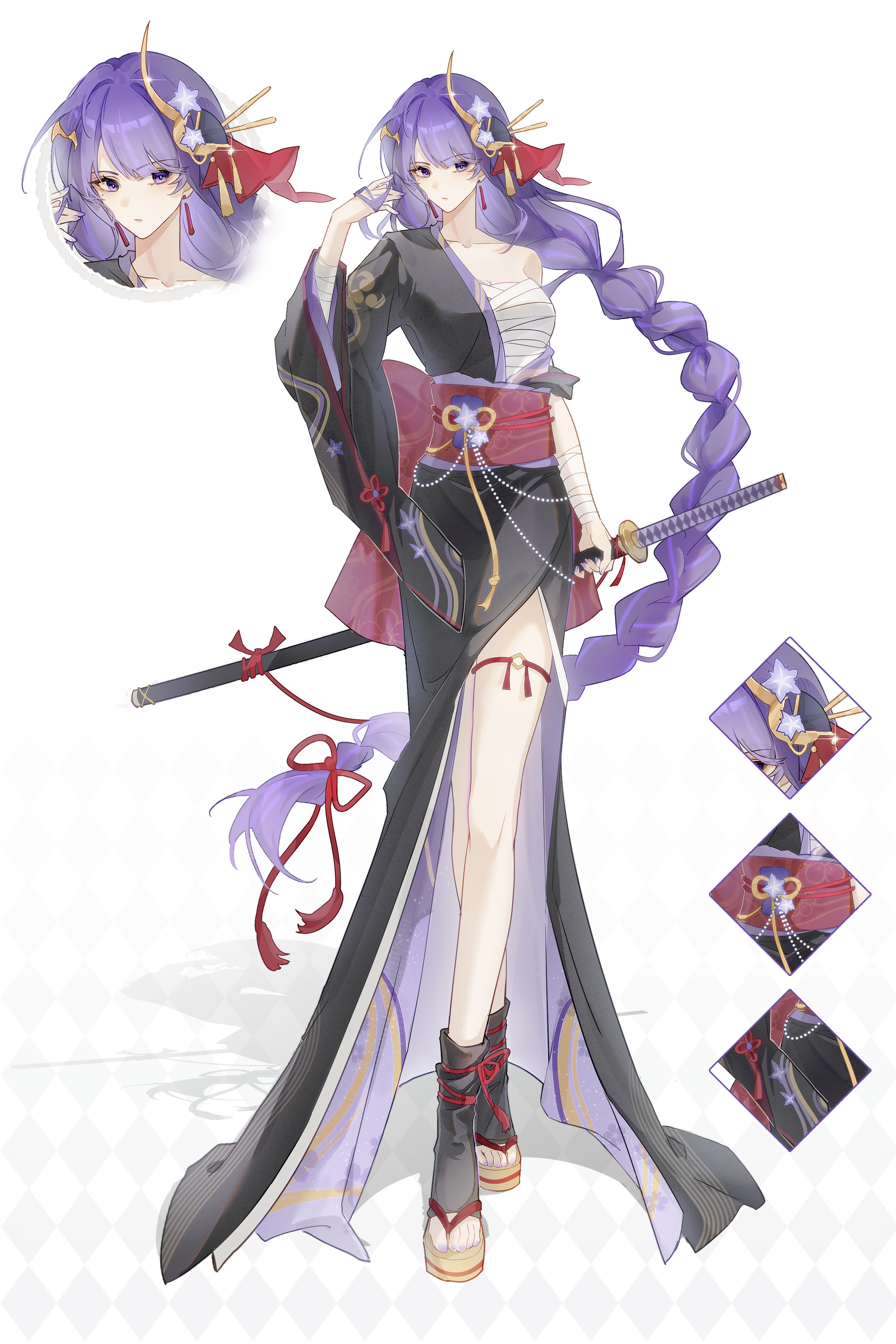 raiden shogun, genshin impact, absurdres, artist request, commission, highres, second-party source, 1girl, alternate costume, alternate universe, bandaged arm, bandages, black kimono, blue pupils, blunt bangs, braid, breasts, chest sarashi, cleavage, close-up, closed mouth, collarbone, earrings, fan hair ornament, flower, flower ornament, full body, glint, gradient hair, hair ribbon, hand in own hair, head tilt, holding, holding sword, holding weapon, hoyofair, japanese clothes, jewelry, katana, kimono, large breasts, long braid, looking to the side, mole, mole under eye, multicolored hair, off shoulder, purple eyes, purple flower, purple hair, red ribbon, red sash, ribbon, sarashi, sash, shade, side slit, single bare shoulder, single braid, solo, streaked hair, sword, thighlet, thighs, weapon, white background