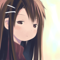 asami natsuhito, original, archived source, lowres, 1girl, blush, brown eyes, brown hair, closed mouth, expressionless, hair ornament, hairclip, half-closed eyes, harada takehito (style), long hair, looking at viewer, no lineart, red sweater, ribbed sweater, sidelocks, simple background, single hair intake, solo, straight hair, sweater, turtleneck, turtleneck sweater, upper body, white background