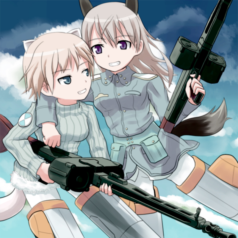 amino (trude), eila ilmatar juutilainen, nikka edvardine katajainen, brave witches, strike witches, world witches series, bad id, bad pixiv id, 00s, 10s, 2girls, animal ears, blonde hair, blue eyes, cloud, day, double-drum magazine, drum magazine, ermine ears, gun, high-capacity magazine, long hair, machine gun, magazine (weapon), mg42, military, military uniform, multiple girls, pantyhose, rifle, saddle-drum, short hair, sky, tail, weapon, weasel ears, white pantyhose