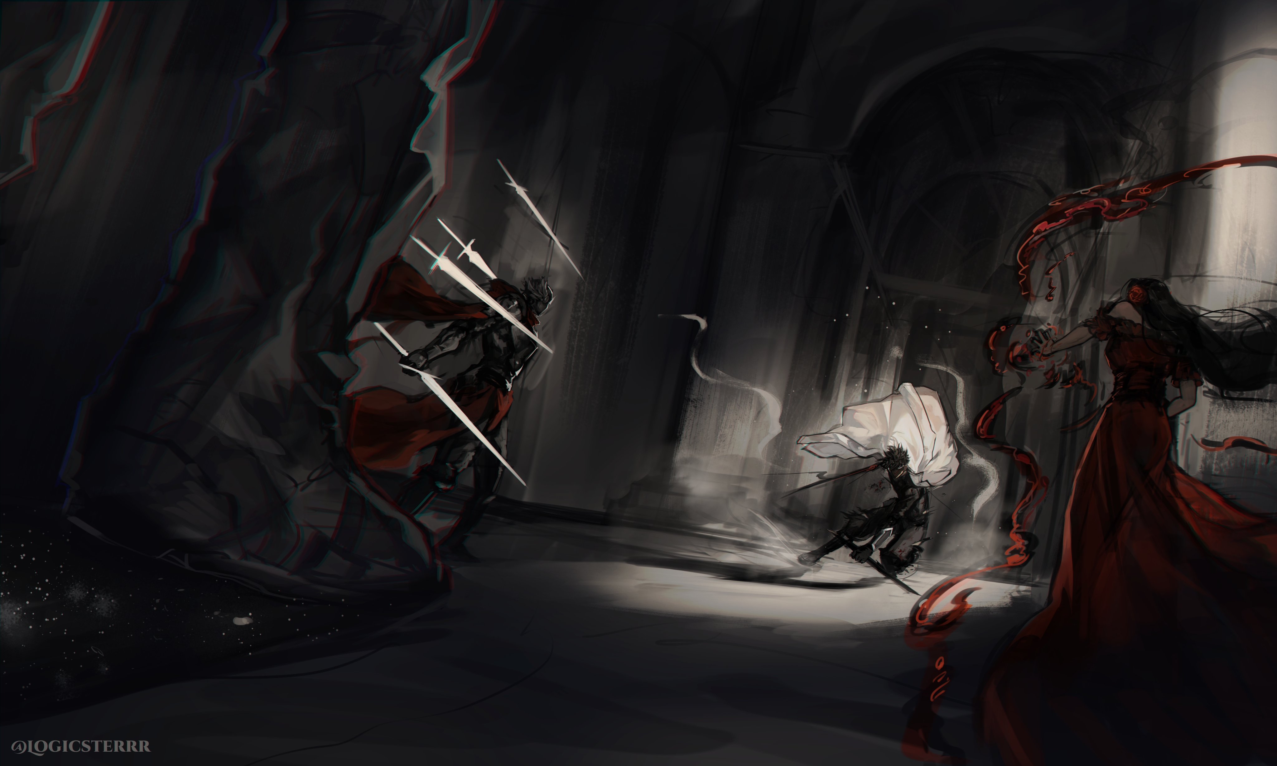 logicsterrr, shadow slave, absurdres, character request, highres, 1girl, 1other, 2boys, anvil (shadow slave), armor, black hair, broken sword (shadow slave), cape, column, dress, fighting, floating, floating object, floating sword, floating weapon, flower, full body, hair flower, hair ornament, hallway, holding, holding sword, holding weapon, incoming attack, indoors, ki song, knight, long hair, magic, multiple boys, pillar, pov, red cape, red dress, short hair, sword, weapon, white cape, wind, wind lift, window light