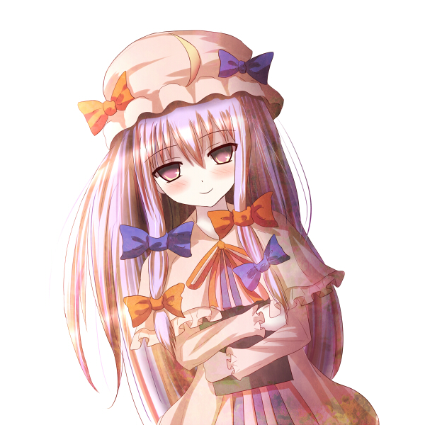 non (nobu), patchouli knowledge, touhou, 1girl, book, female focus, hair ribbon, hat, purple eyes, purple hair, ribbon, simple background, smile, solo, white background