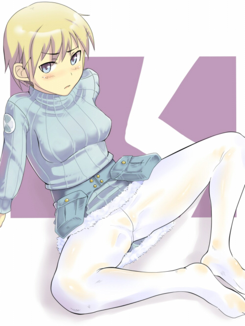 em (totsuzen no hakike), nikka edvardine katajainen, brave witches, strike witches, world witches series, crotch, 00s, 10s, 1girl, arm support, blonde hair, blue eyes, blush, crotch seam, feet, female focus, legs, looking at viewer, military, military uniform, no shoes, outside border, pantyhose, see-through clothes, short hair, sitting, solo, spread legs, white pantyhose