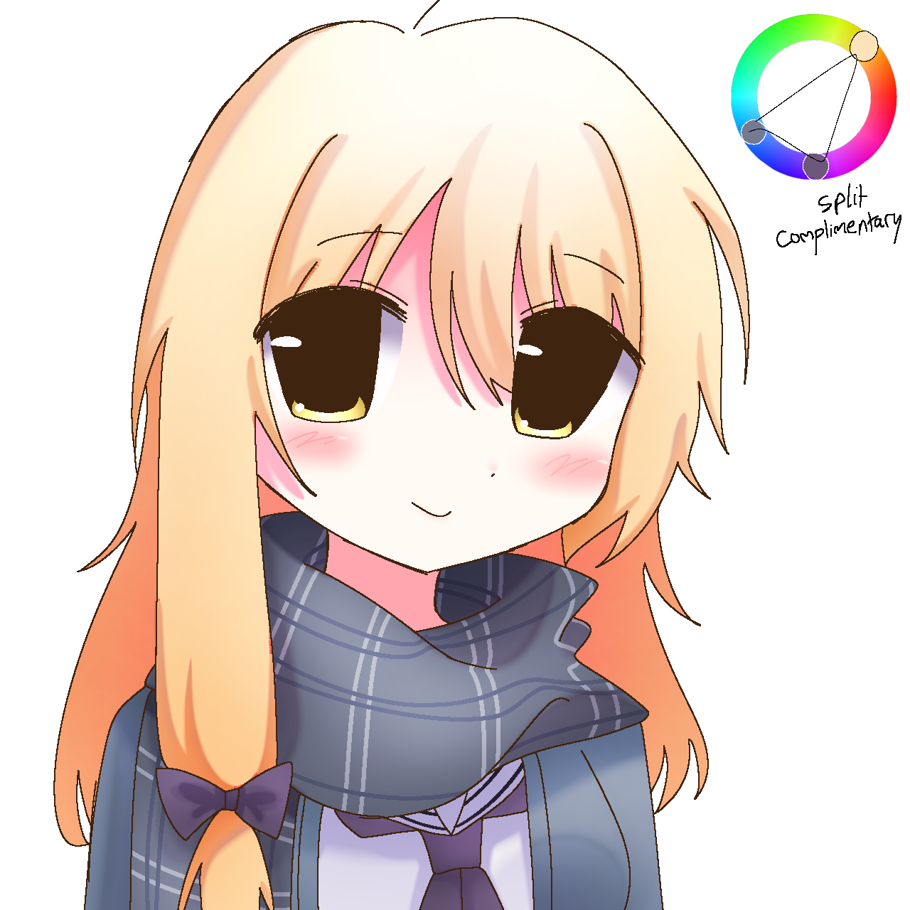 highres, non-web source, 1girl, ahoge, alternate costume, blonde hair, blush, bow, closed mouth, hair between eyes, hair bow, jacket, long hair, looking at viewer, neckerchief, no headwear, open clothes, plaid clothes, plaid scarf, purple scarf, sailor collar, scarf, school uniform, serafuku, shirt, simple background, smile, solo, upper body, white background, white shirt, yellow eyes
