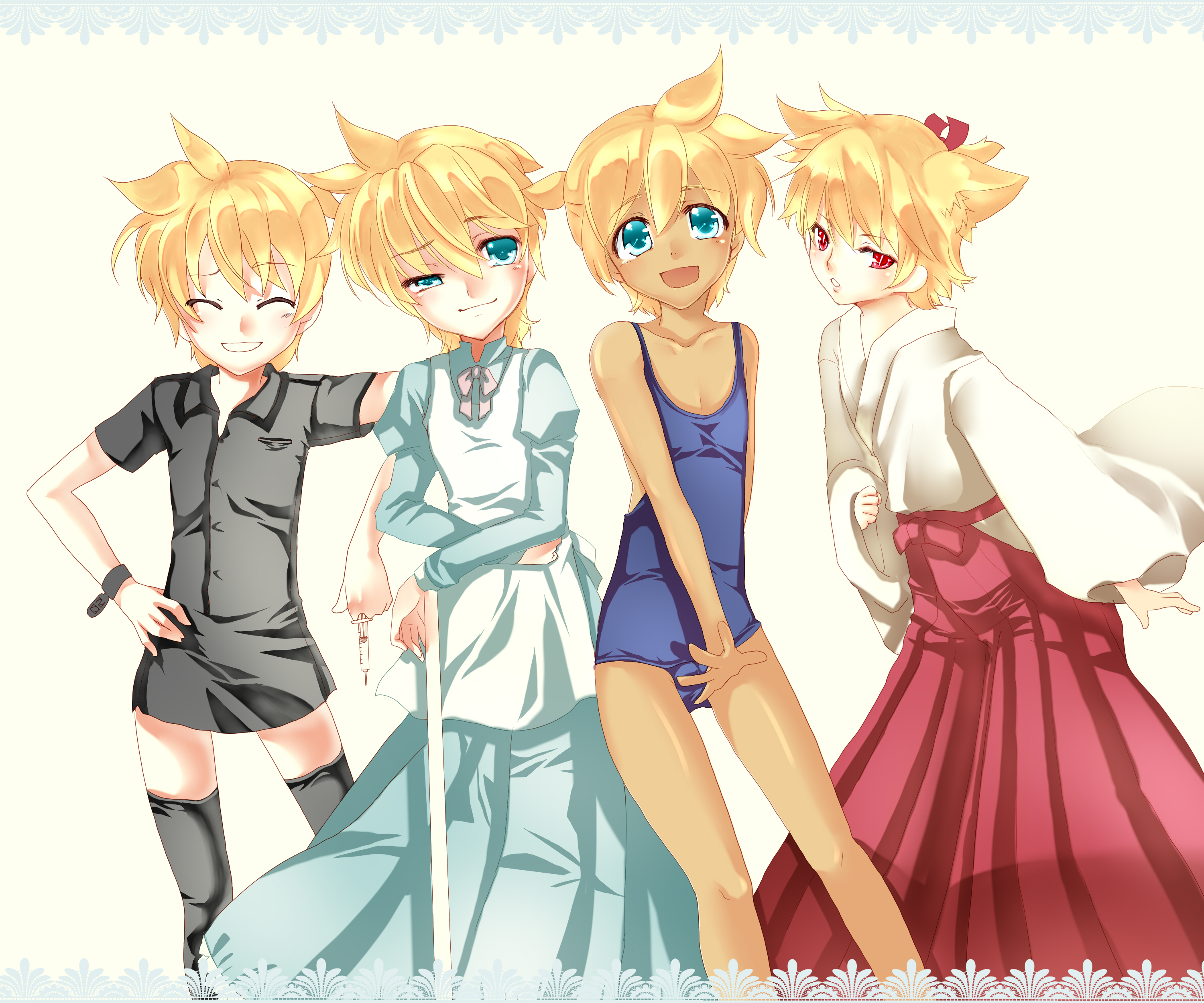 aquasnow, kagamine len, vocaloid, absurdres, bad id, bad pixiv id, highres, blonde hair, blue eyes, blush, crossdressing, japanese clothes, male focus, miko, one-piece swimsuit, school swimsuit, swimsuit, syringe, tan, thighhighs, trap