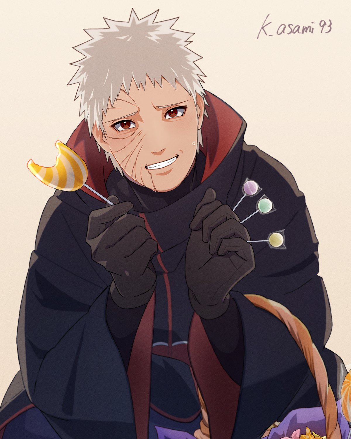 uchiha obito, naruto (series), naruto shippuuden, highres, 1boy, akatsuki uniform, artist name, asamishi, basket, black coat, brown gloves, candy, coat, food, gloves, grey hair, holding, holding basket, holding candy, holding food, holding lollipop, lollipop, long sleeves, looking at viewer, male focus, sharingan, short hair, smile, solo, sweatdrop, teeth