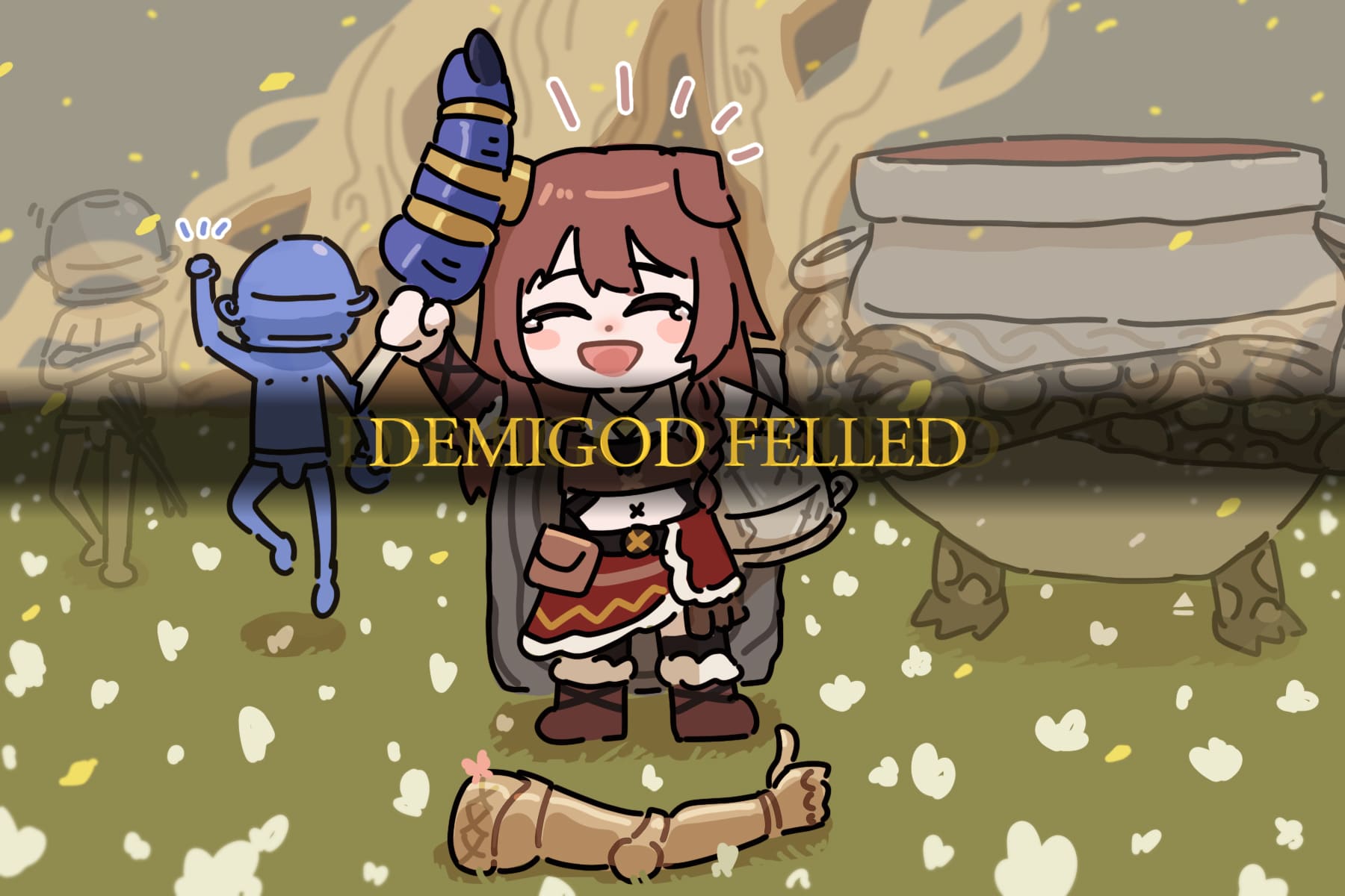 bing huyue, inugami korone, let me solo her, living jar (elden ring), malenia blade of miquella, tarnished (elden ring), elden ring, hololive, commentary, english commentary, highres, 1girl, 3others, animal ears, armor, blush stickers, boots, brown tail, closed eyes, crossed arms, crying, dog ears, dog girl, double blade, happy tears, helmet, jewelry, katana, leather, leather boots, leather bra, multiple others, necklace, ring, simple background, skirt, spirit, subtitled, sword, tears, thumbs up, weapon, yubi yubi (inugami korone)