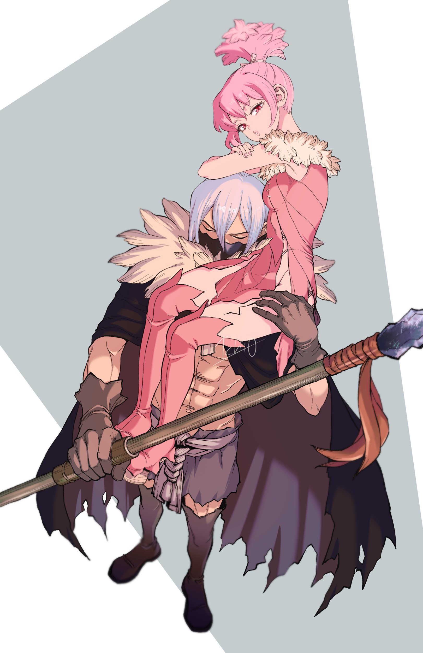 ninomae gin, hyoga (dr. stone), momiji homura, dr. stone, absurdres, highres, 1boy, 1girl, abs, black cape, boots, breasts, brown gloves, cape, carrying, closed eyes, dress, full body, fur trim, gloves, hair between eyes, high ponytail, holding, holding polearm, holding weapon, looking at viewer, mask, mouth mask, muscular, pink dress, pink eyes, pink hair, polearm, ponytail, short hair, spear, standing, thigh boots, thighhighs, torn clothes, weapon, white hair